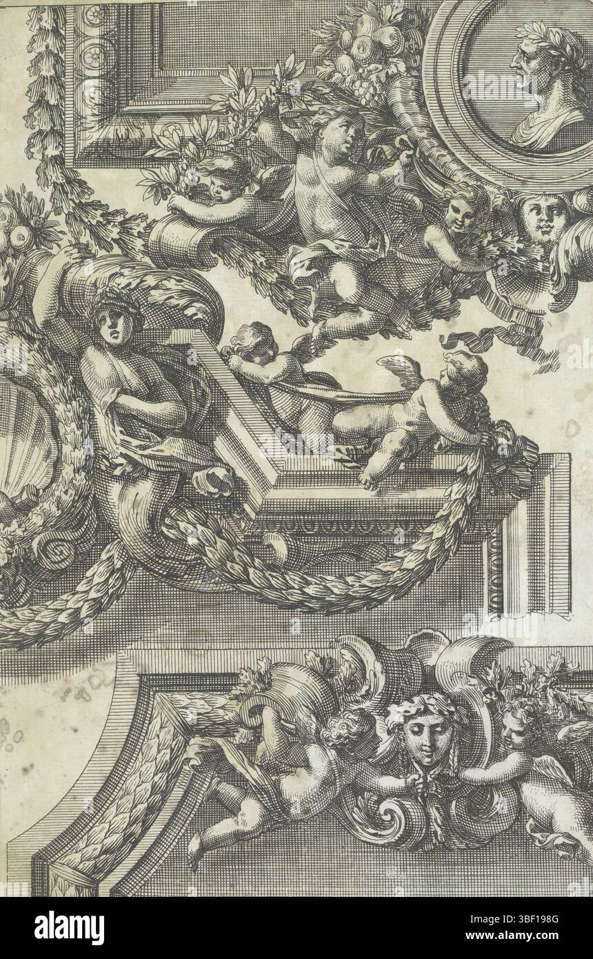 Louis XIV (König von Frankreich), Paris, Mariette, Pierre (II), Lepautre, Jean, Bordures de Tableau a la Romaine, drei Dekorationen für Listen, Dekorationen für die Mitte von oben oder unten auf Listen. Die Top-Liste enthält ein Medaillon mit der Büste eines Kaisers. Prent ist Teil eines Albums., Print, Ornamentprent, Albumsheet, Prints, Höhe 214 mm, Breite 144 mm, Französisch, 1618-06-28-1682-02-02, Druckmaschine, 1655 - 1657, Papier, Ätzen, Werkkonzeption, nach eigenem Entwurf, Publikation (Event), Publikation, 1634 - 1716, Verlag, 05.09.1638, 01.09.1715, Berechtigungsgeber Stockfoto