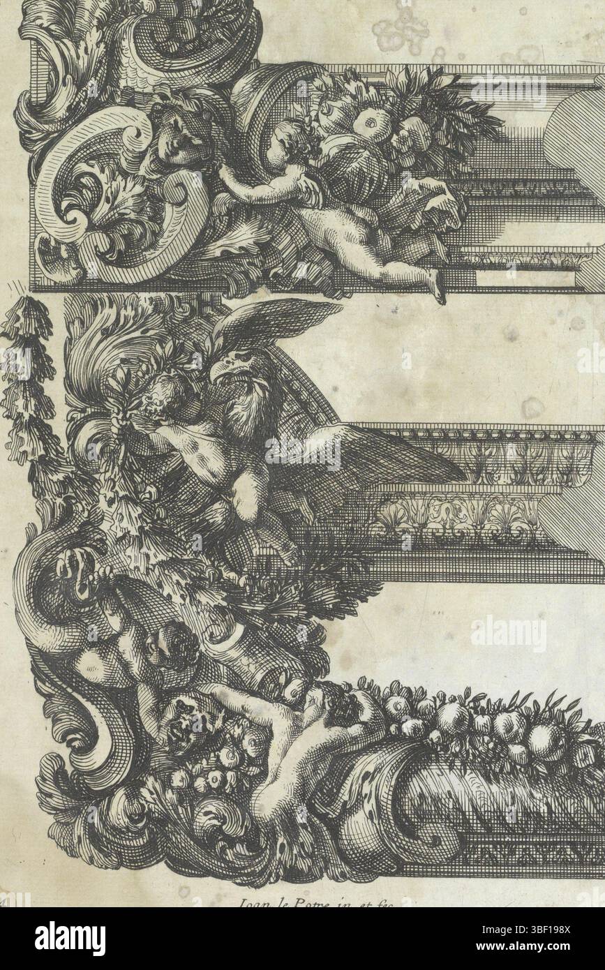 Louis XIV (König von Frankreich), Paris, Mariette, Pierre (II), Lepautre, Jean, Bordures de Tableau a la Romaine, drei Ecken der Listen, dekoriert mit Putten, Blättern und Obstgärten. Print ist Teil eines Albums., Print, Ornament Print, Albumsheet, Prints, Höhe 212 mm, Breite 144 mm, Französisch, 1618-06-28-1682-02-02, Druckmaschine, 1655 - 1657, Papier, Ätzen, Werkkonzeption, nach eigenem Entwurf, Publikation (Event), Publikation, 1634 - 1716, Verlag, 05.09.1638, 01.09.1715, Berechtigungsgeber Stockfoto