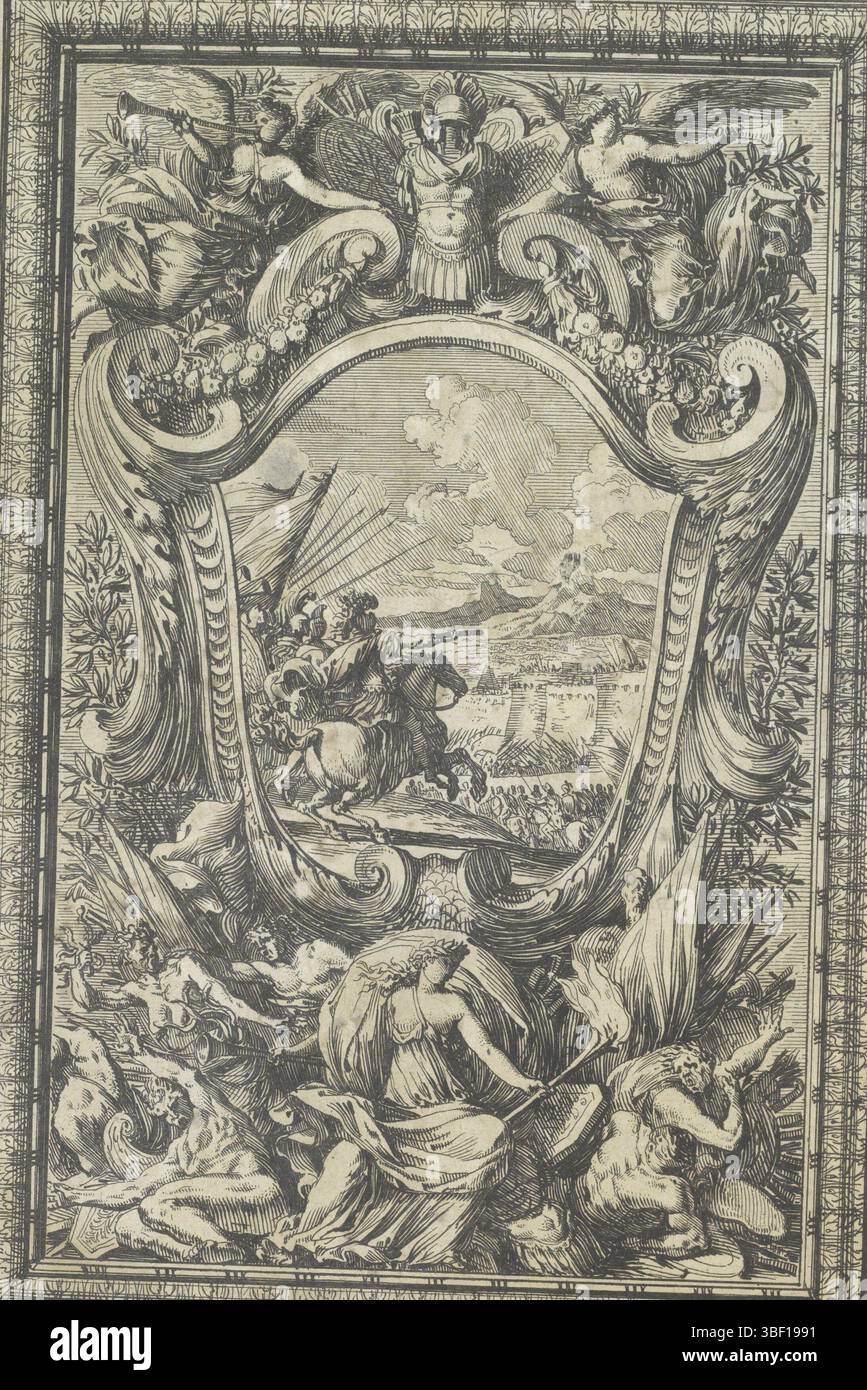 Louis XIV (König von Frankreich), Paris, Mariette, Pierre (II), Lepautre, Jean, Ornemens de Paneaux, Tafel mit Belagerung der Stadt in Kartusche, Prent ist Teil eines Albums., Print, Ornamentprent, Albumsheet, Prints, Höhe 223 mm, Breite 150 mm, Französisch, 1618-06-28-1682-02-02, Druckmaschine, 1655 - 1657, Papier, Ätzen, Ätzen, Werkkonzeption, nach eigenem Entwurf, Publikation (Event), Publikation, 1634 - 1716, Verlag, 05.09.1638, 01.09.1715, Privileg Stockfoto