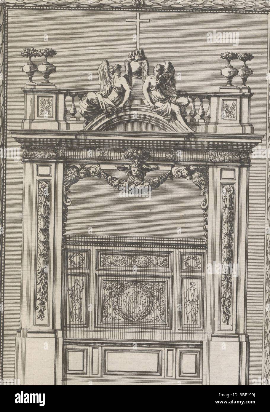 Louis XIV (König von Frankreich), Paris, Leblond, Jean (II), Lepautre, Jean, Chorbänke, Chorstuhl, Chorstuhl mit Engeln und einem Kreuz ausgezeichnet. Prent ist Teil eines Albums., Print, Ornamentprent, Albumsheet, Prints, Höhe 215 mm, Breite 155 mm, Französisch, 1618-06-28-1682-02-02, Druckmaschine, 1666 - 1709, Papier, Ätzen, Werkkonzeption, nach eigenem Entwurf, Publikation (Event), Publikation, 1635 - 1709, Verlag, 05.09.1638, 01.09.1715, Berechtigungsgeber Stockfoto