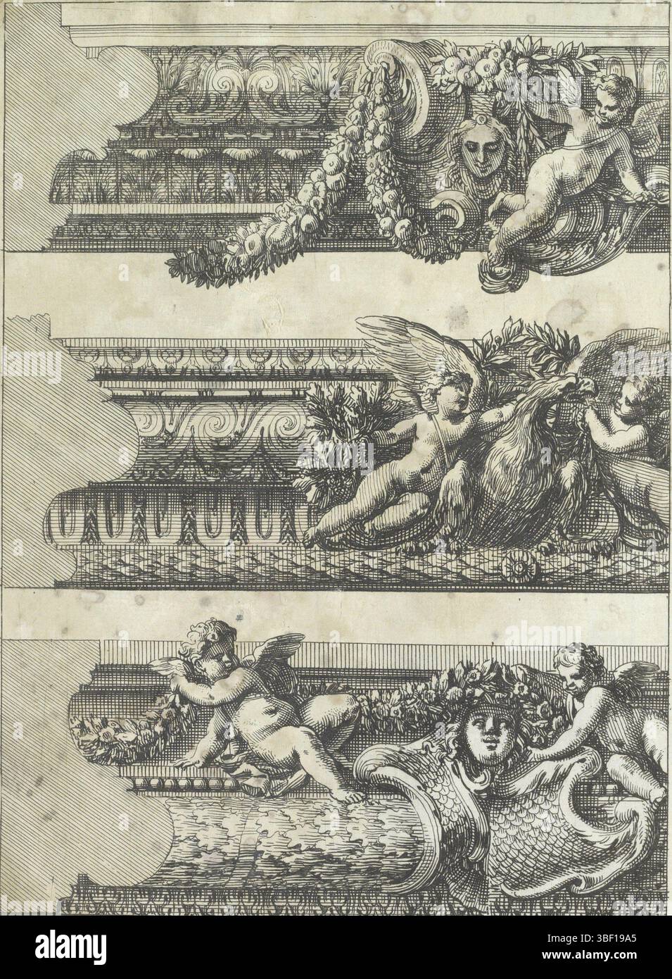 Louis XIV (König von Frankreich), Paris, Mariette, Pierre (II), Lepautre, Jean, Bordures de Tableau a la Romaine, drei Fragmente von Profillisten, die mittlere Liste mit einem Adler, flankiert von zwei Kindern. Print ist Teil eines Albums., print, ornamentprent, Albumsheet, Prints, Höhe 214 mm, Breite 147 mm, Französisch, 1618-06-28-1682-02-02, Druckmaschine, 1655 - 1657, Papier, Ätzen, Werkkonzeption, nach eigenem Entwurf, Publikation (Event), Publikation, 1634 - 1716, Verlag, 05.09.1638, 01.09.1715, Berechtigungsgeber Stockfoto