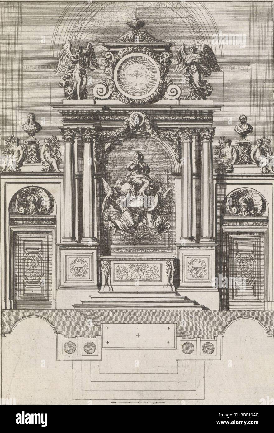 Louis XIV (König von Frankreich), Paris, Mariette, Pierre (II), Lepautre, Jean, Retables d'autels à l'italienne, Altar mit einem Gemälde der Himmelfahrt Marias, Altaar mit einem Gemälde der Himmelfahrt Marias zwischen zwei doppelten korinthischen Säulen. Oben auf einem Medaillon mit der Taube des Heiligen Geistes. Unten auf dem Grundriss des Altars. Print ist Teil eines Albums., Print, Ornament Print, Albumsheet, Prints, Höhe 215 mm, Breite 149 mm, Französisch, 1618-06-28-1682-02-02, Druckmaschine, 1658 - 1670, Papier, Ätzen, Werkkonzeption, nach eigenem Entwurf, Publikation (Event), Publikation, 1634 - 1 Stockfoto
