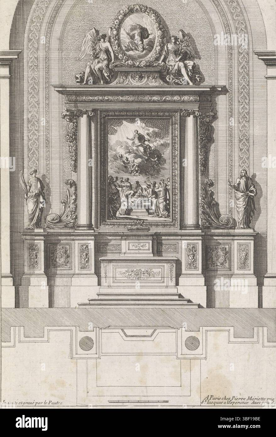 Louis XIV (König von Frankreich), Paris, Mariette, Pierre (II), Lepautre, Jean, Retables d'autels à l'italienne, Altar mit einem Gemälde der Himmelfahrt Marias, Altaar mit einem Gemälde der Himmelfahrt Marias. Unten auf dem Grundriss des Altars. Print ist Teil eines Albums., Print, Ornament Print, Albumsheet, Prints, Höhe 215 mm, Breite 149 mm, Französisch, 1618-06-28-1682-02-02, Druckmaschine, 1658 - 1670, Papier, Ätzen, Werkkonzeption, nach eigenem Entwurf, Publikation (Event), Publikation, 1634 - 1716, Verlag, 05.09.1638, 01.09.1715, Berechtigungsgeber Stockfoto