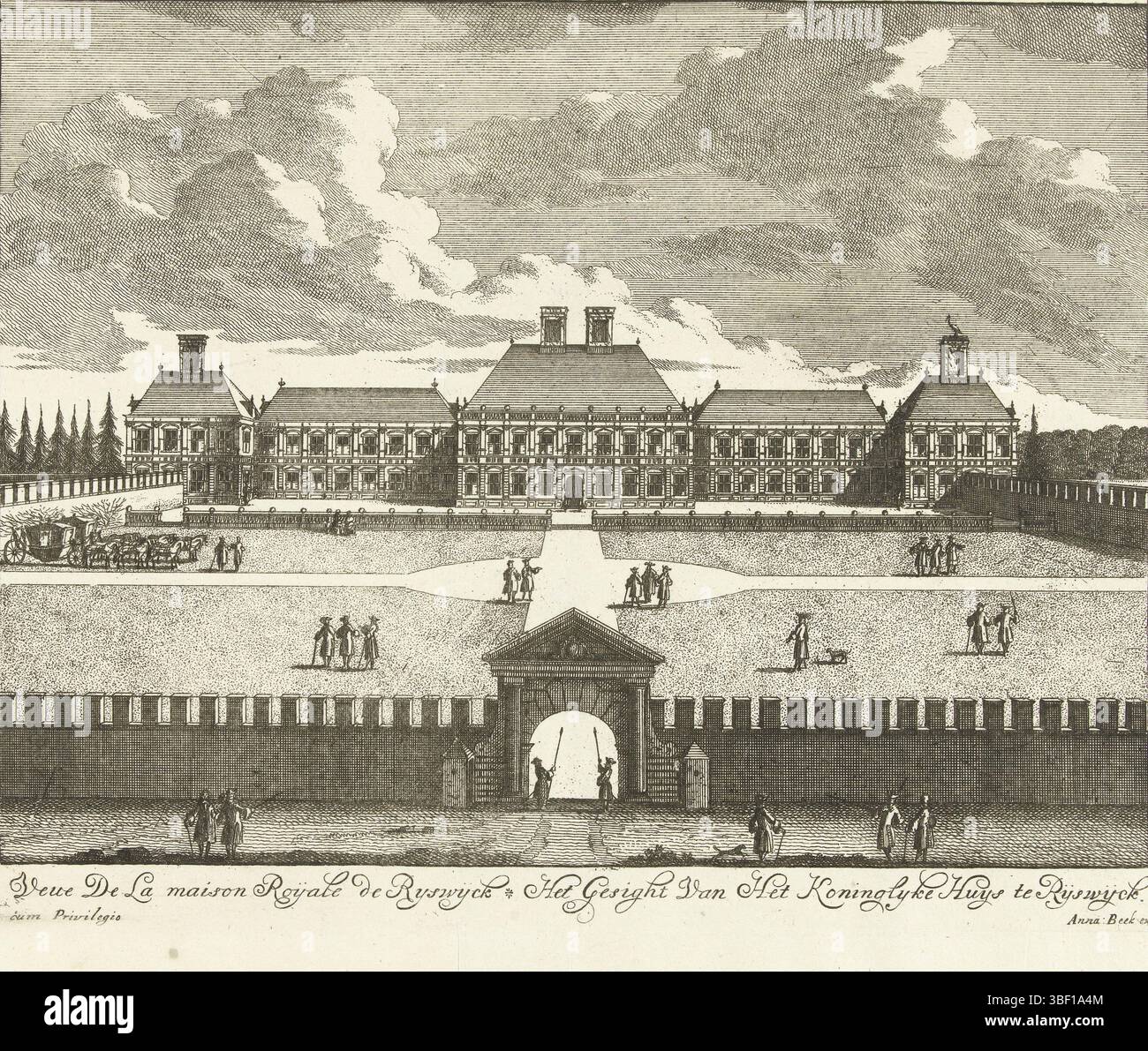 Staten van Holland en West-Friesland, den Haag, Beeck, Anna, Noordelijke Nederlanden, Vianen, Jan van, Le Château Roial de Ryswick Appellée de Neubourg avec les Differents bijzondermens ou se tennent les Conferencees de la Paix Generale, Het Koninglike Kasteel tot Ryswyck, Genamet Nieuwburg, met alle Selfs kamers en gezigten, in 't bysonder, da die Konferenzen von General Vreede abgehalten wurden, &c. 1697 VEU de la maison roijale de Ryswijk, Geicht op Stockfoto