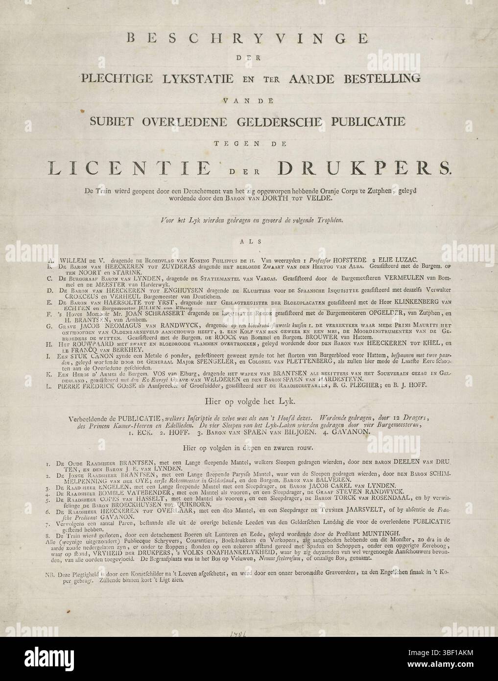 Noordelijke Nederlanden, Beschryvinge der vestige Lykstatie en ter Aarde Beschrijving van de Subiet Overlede Geldersche Publikation gegen die Lizenz der Druckpresse, Beerdigung der Gelderse-Publikation gegen die Freiheit der Druckpresse, 1786, Nordholland, verso - gestempelte, satirische Zeitschrift in Form einer Namensliste der Teilnehmer an der Beerdigungsprozession, in der Gelderse-Publikation gegen die Druckfreiheit der Presse getragen wird, 1786. Textblatt mit schwarzen Trauerrändern. Textblatt, Drucke, Frederik Müller Geschichtsplatten, Beschreibung Stockfoto