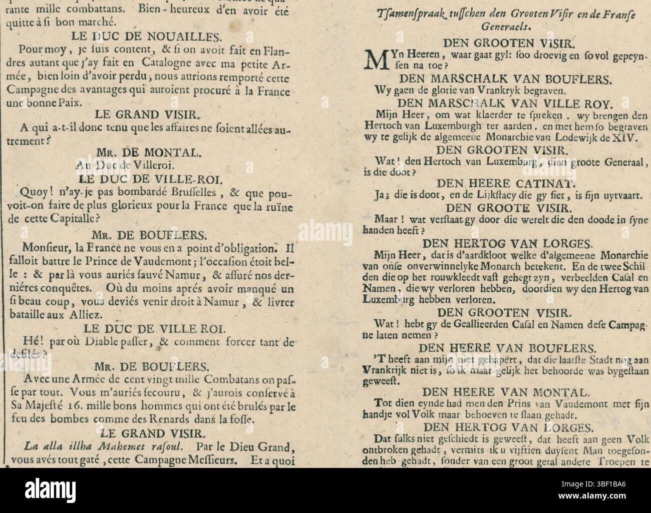 Paris, Dichteby, Pieter, Paris, Du Pré, Pierre, L'Enterrement de la Monarchie universelle de Louis XIV. par la mort du Marechal de Luxembourg, & par la Prise de Casal & de Namur, Begraaffenisse Van d'generale Monarchie van Lodewyk de XIV. durch den Niedergang der Marschalk von Luxemburg, und durch die Eroberung von Casal und Namur, Textblatt im Cartoon mit der Beerdigung der Monarchie Ludwigs XIV, 1695, Textblatt im Cartoon der Franzosen nach dem Verlust von Namur und Casale Monferrato in Italien und dem Tod von Francois Henri de Montmorency, Herzog von Luxemburg 1695. Texte in 4 Spalten in FR Stockfoto