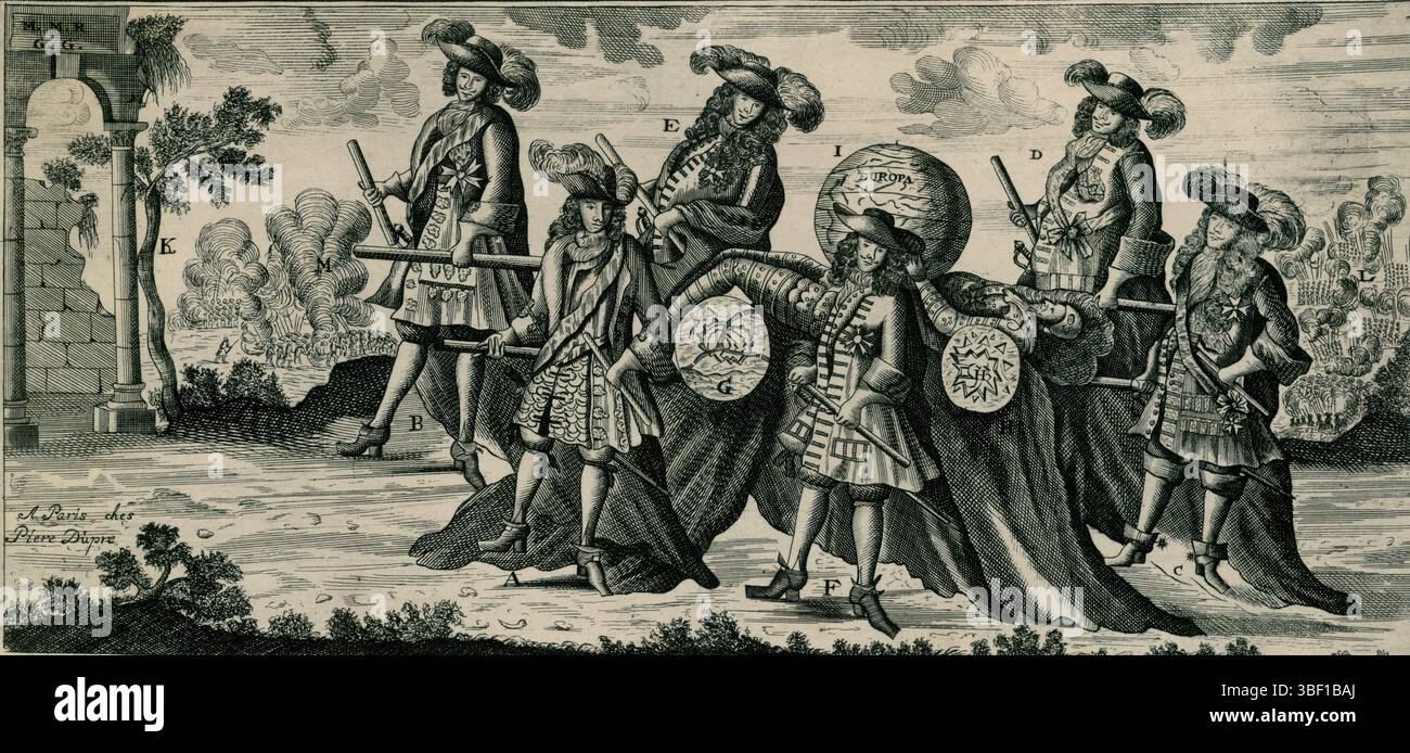 Paris, Dichteby, Pieter, Paris, Du Pré, Begraaffenisse Van d'generale Monarchie van Lodewyk de XIV. durch den Niedergang der Marschalk von Luxemburg und durch die Eroberung von Casal und Namur, L'Enterrement de la Monarchie universelle de Louis XIV. par la mort du Marechal de Luxembourg, & par la Prise de Casal & de Namur, die Beerdigung der Monarchie von Ludwig XIV, 1695, 1695. Spotprint über die Franzosen nach dem Verlust von Namur und Casale Monferrato in Italien und dem Tod von Francois Henri de Montmorency, Herzog von Luxemburg 1695. Links ist die falsche Adresse des Herausgebers in Stockfoto