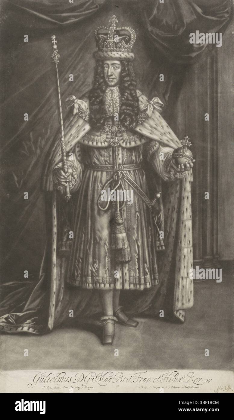 London, Cooper, Edward, England, Linse, Bernard (II), Portrait of Willem III., Prince of Orange, London, unter der Linken - gestempelt, Portrait of Wilhelm III. mit einer Krone. Er steht in einem Raum mit einem Zepter in der rechten Hand und mit dem reichen Apfel in der linken Hand. Im unteren Rand befinden sich Namen und Titel., Druck, orange Porträts, Höhe 427 mm, Breite 257 mm, 1659 - 1725-04-28, Druckerei, 1688 - 1725, Papier, Mezzotint, Publikation (Ereignis), Publikation, Englisch, Verlag Stockfoto