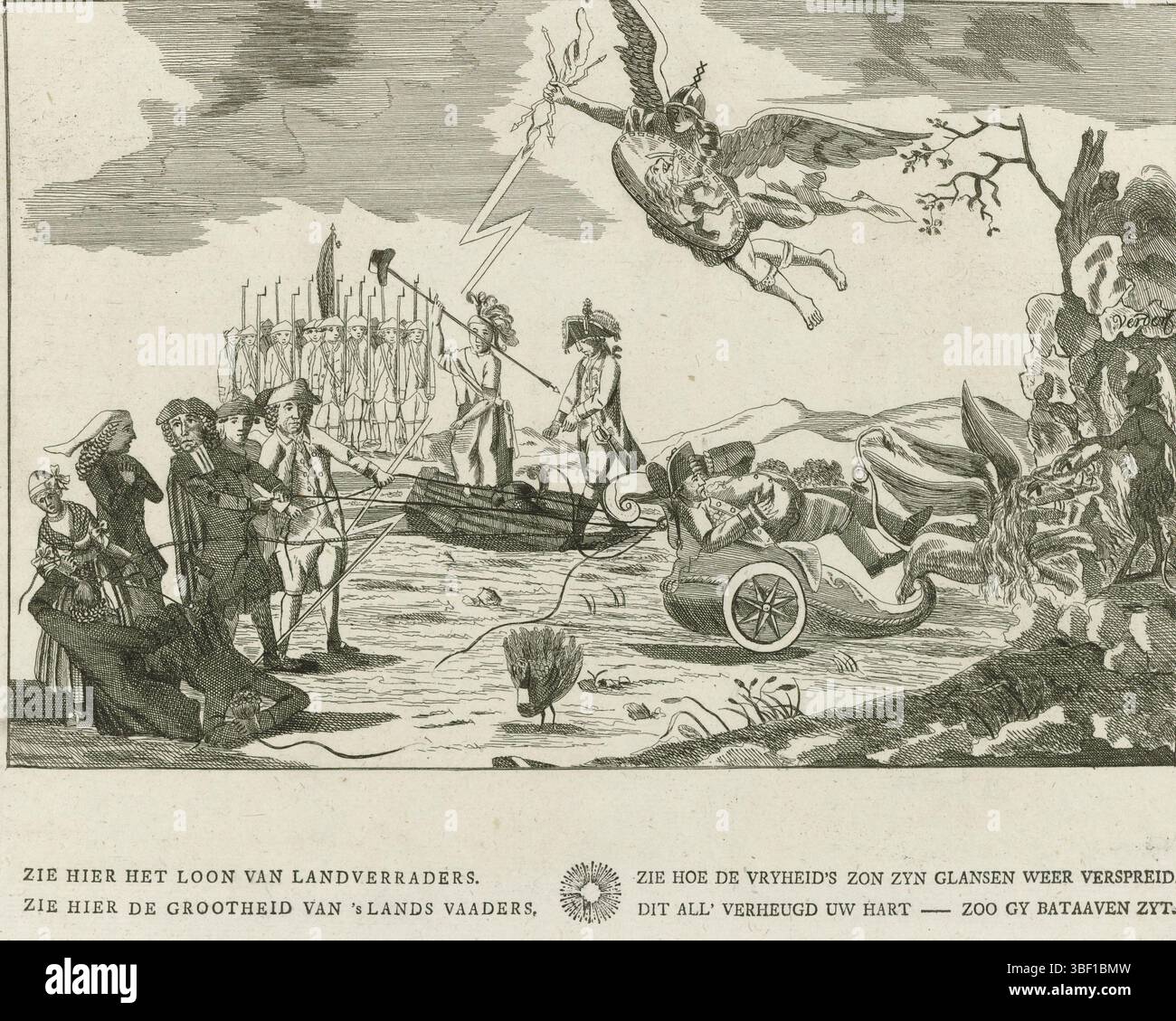 Nord-Niederlande, de hellevaart van een Landtraitor, 1784, Nord-Niederlande, verso - gestempelt, Spotprent bei der Abreise des Herzogs von Brunswijk aus den Niederlanden, 14. Oktober 1784. Der Herzog wird auf einem Wagen von Cerberus in die Hölle gezogen. Petrus Hofstede, Kaat Mossel, Elie Luzac, R.M. van Goens und Pieter Joosten versuchen, den Wagen am Verlassen zu hindern, aber Türblitze werden daran gehindert. Im Hintergrund die niederländische Freiheit, Prinz Willem V. und ein freies Korps. Mit vierzeiliger Beschriftung. Der Druck enthält eine Aussage und ein Blatt mit einem Vers., Druck, Frederik Müller Geschichtsplatten, h Stockfoto