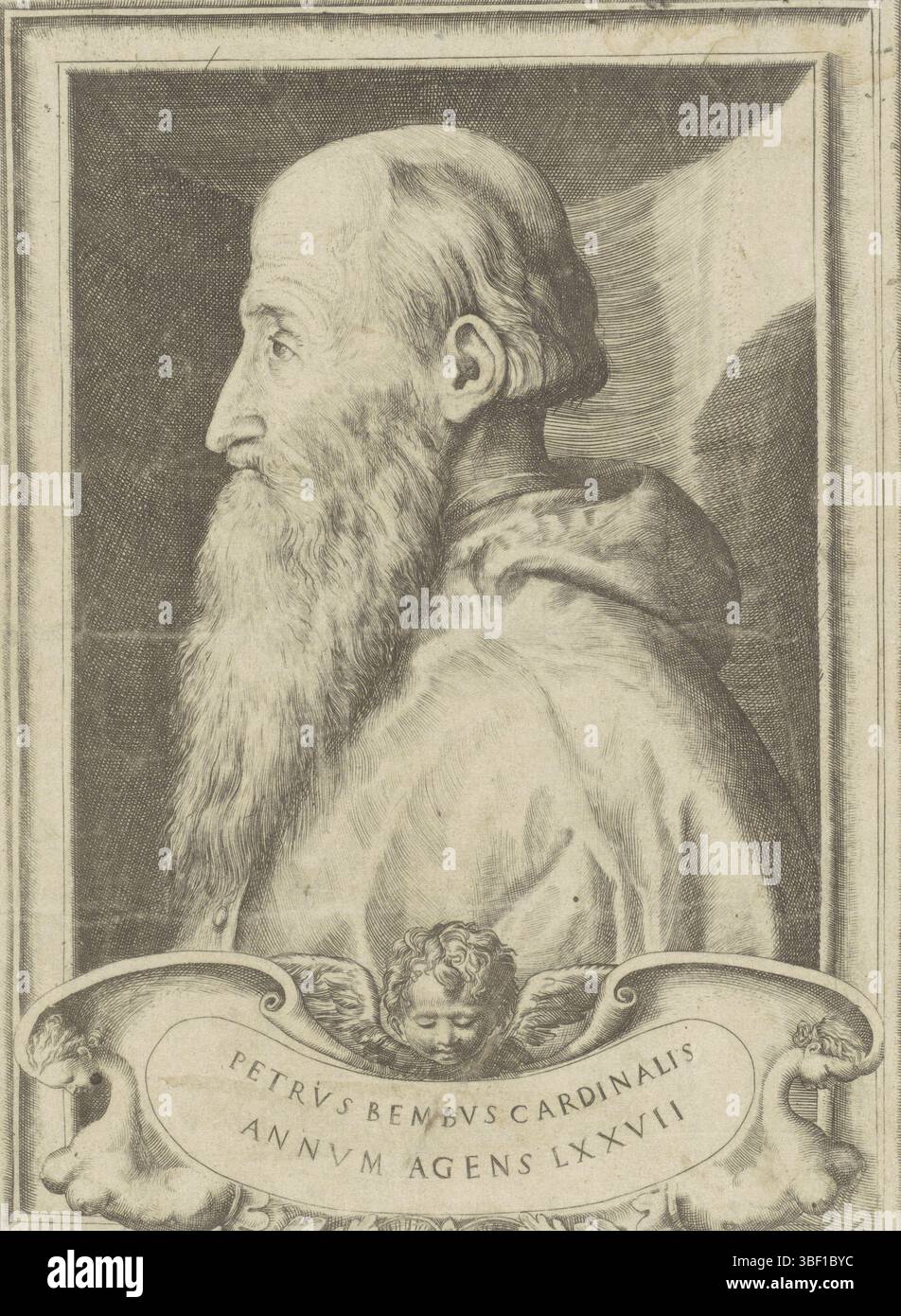 Italien, Tizian, Italien, Bonasone, Giulio, Porträt des Kardinals Pietro Bembo, rückseitig gestempelt, bedruckt, Höhe 231 mm, Breite 171 mm, Italienisch, 1510 - 1576, Druckmaschine, 1501 - 1580, Papier, Gravur, Druckprozess, Ätzen, Arbeitskonzept, 1488 - 1556-08-27' Stockfoto