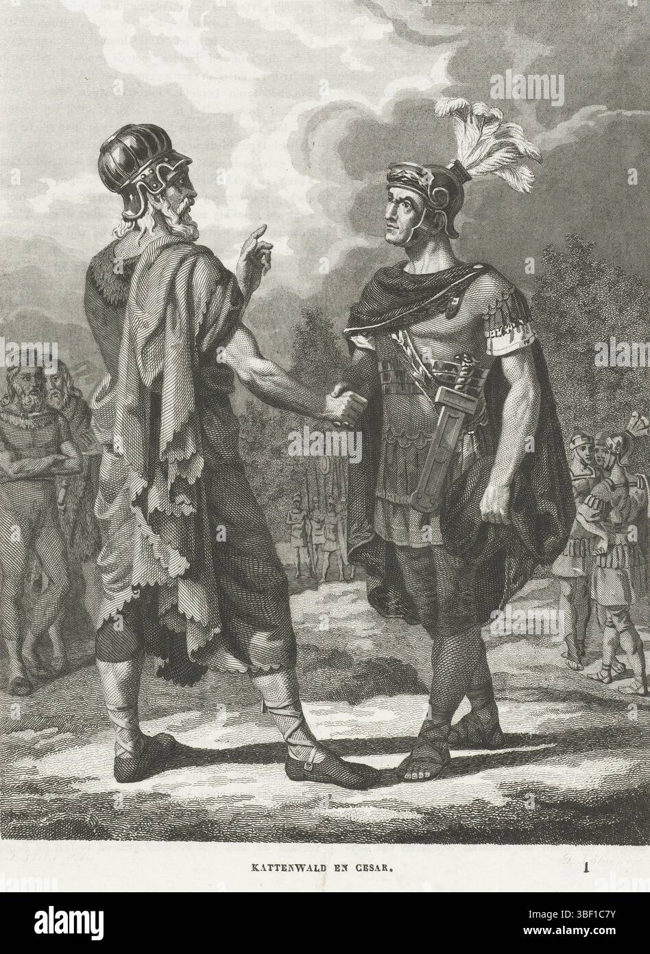 Stein, J., Nederland, Sluyter, Dirk Jurriaan, Kattenwald und Cesar, Niederlande, Kattenwald, der Anführer des germanischen Stammes der Chatten, schüttelt Julius Cäsars Hand, Druck, Historiker, Drucke, Frederik Müller historische Platten, Höhe 235 mm, Breite 173 mm, Niederländisch, 1811-11-14 - 1886-05-29, Druckerei, 1826 - 1886, zweites Viertel 19. Jahrhundert, drittes Viertel 19. Jahrhundert, viertes Viertel 19. Jahrhundert, Papier, Stahlstich, Zwischenzeichner Stockfoto