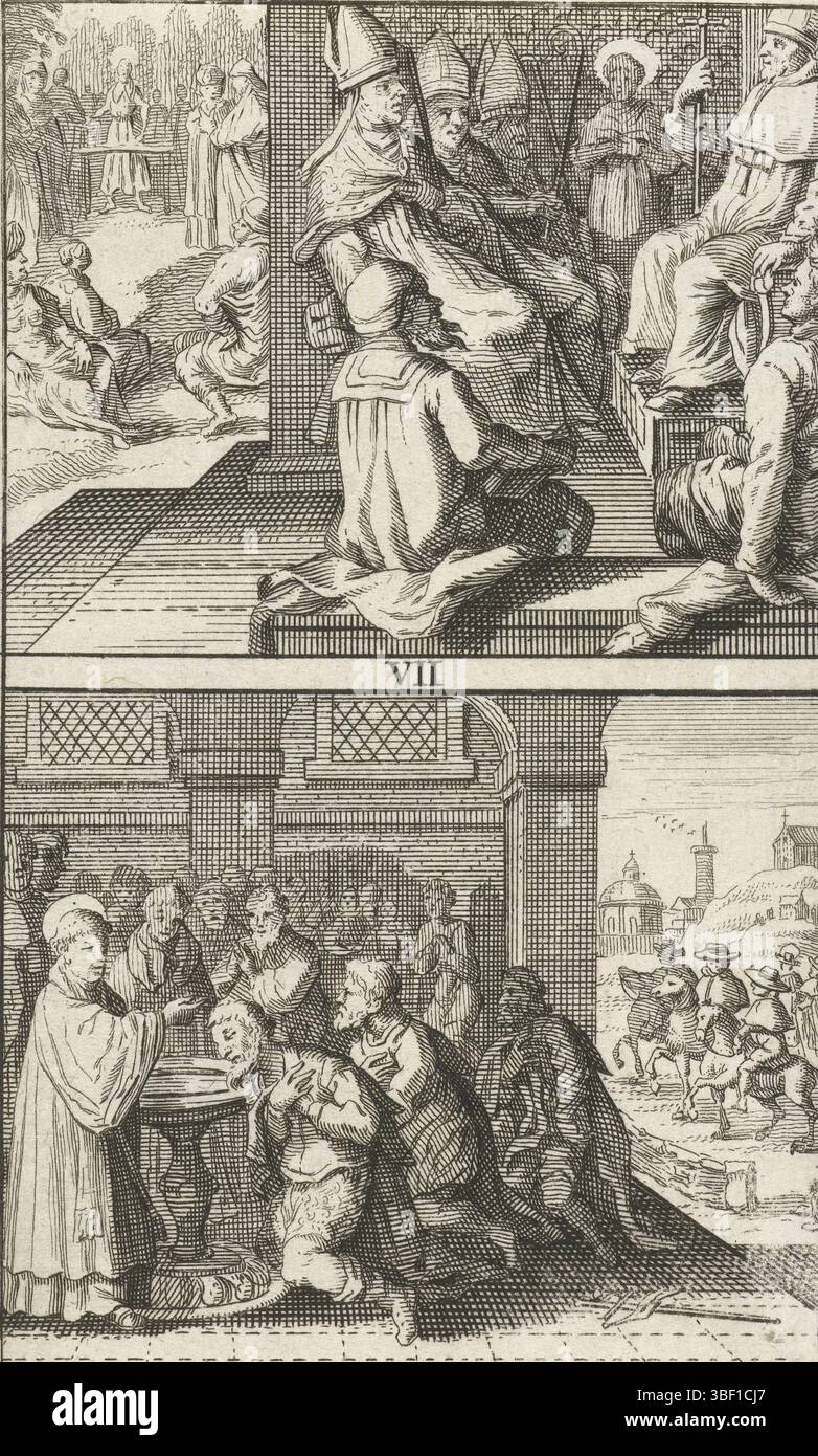 Die Niederlande, unbekannt, Szenen aus dem Leben des heiligen Bonifatius, Aufzeichnungen VII und VIII, ca. 672-754, Platten VII und VIII. Der heilige zwischen Bischöfen und Taufe. Fünfter Druck in einer Druckserie über das Leben des Heiligen Bonifatius, bestehend aus einem großen Bild des heiligen, gefolgt von 8 Platten mit zwei kleineren nummerierten Bildern zueinander., Druck, Geschichte, Drucke, Frederik Müller Geschichtsplatten, Höhe 123 mm, Breite 74 mm, Druckerei, 1640 - 1659, zweites Viertel 17. Jahrhundert, drittes Viertel 17. Jahrhundert, Papier, Ätzen, Ätzen Stockfoto