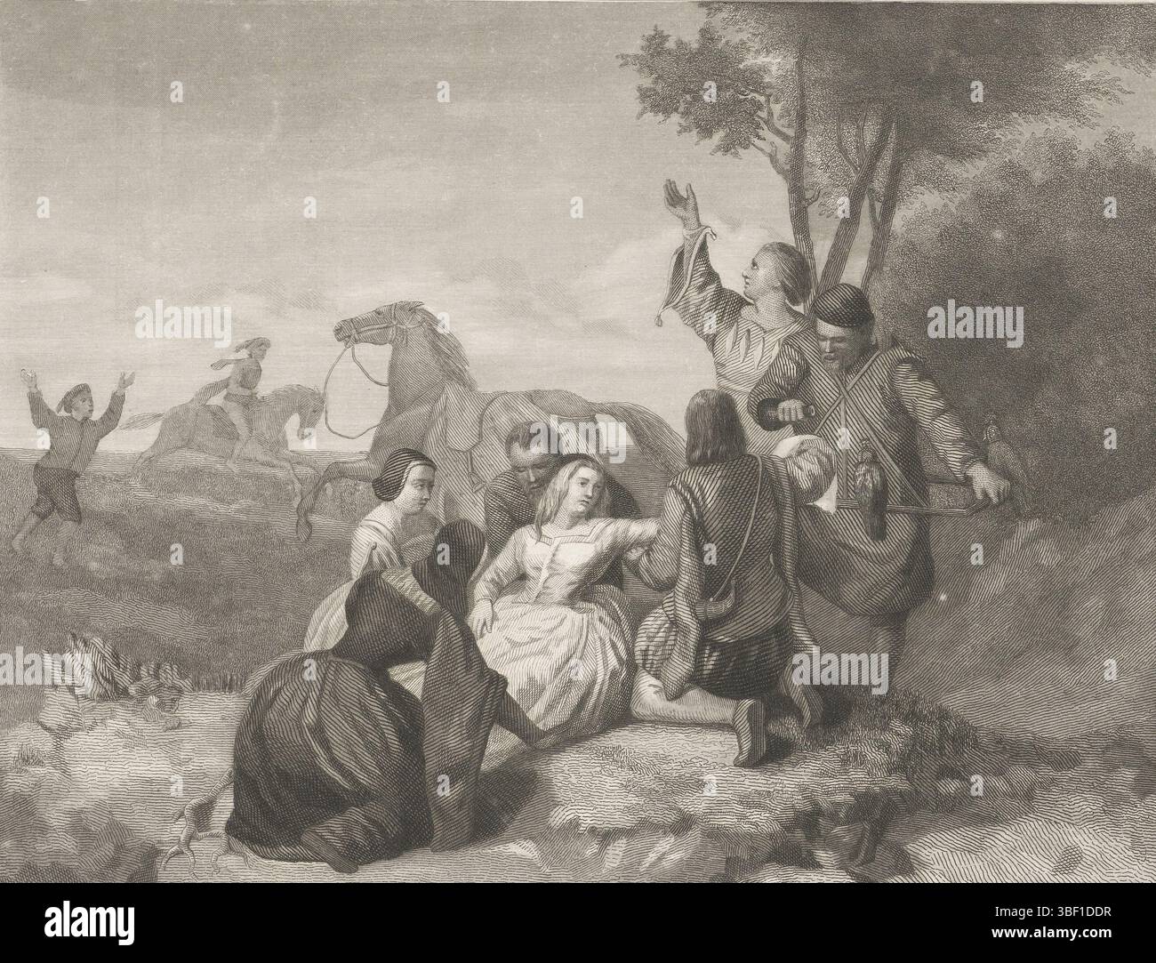 Craeyvanger, Reinier, Niederlande, Reckleben, Jan Frederik Christiaan, Maria van Burgund fällt von ihrem Pferd, 1482, Maria van Burgund fällt von ihrem Pferd vor Brügge, 17. März 1482. Frederik Müller historische Platten, Höhe 176 mm, Breite 234 mm, Niederländisch, 1819-03 - 1879-03-28, Druckerei, 1844 - 1846, zweites Viertel 19. Jahrhundert, Papier, Stielstich, Stahlstich, 29. Februar 1812 - 1880-01-10, zwischengeschalteter Zeichner Stockfoto