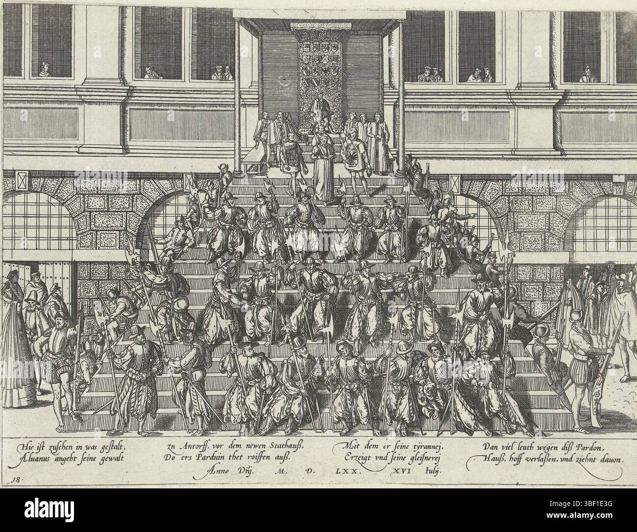 Köln, Hogenberg, Französisch, Serie 5: Niederländische Ereignisse, 1566-1570, Proklamation der General Begnadigung, 1570, 16. Juli 1570. Auf einer Stellage vor dem Rathaus von Antwerpen lässt Alva den General Pardon vorlesen. Oben steht Alva auf einem Thron, auf den Stufen unten stehen Soldaten. Mit einer Unterschrift von 8 Zeilen auf Deutsch. Nummeriert: 18. Der Ausdruck ist Teil eines Albums., Print, News, Album Magazin, Prints, Frederik Müller historische Aufzeichnungen, Höhe 210 mm, Breite 280 mm, Niederländisch, Deutsch, 1540 - 1590, Druckerei, 1570 - 1570, drittes Viertel 16. Jahrhundert, Papier, Ätzen, Ätzen Stockfoto