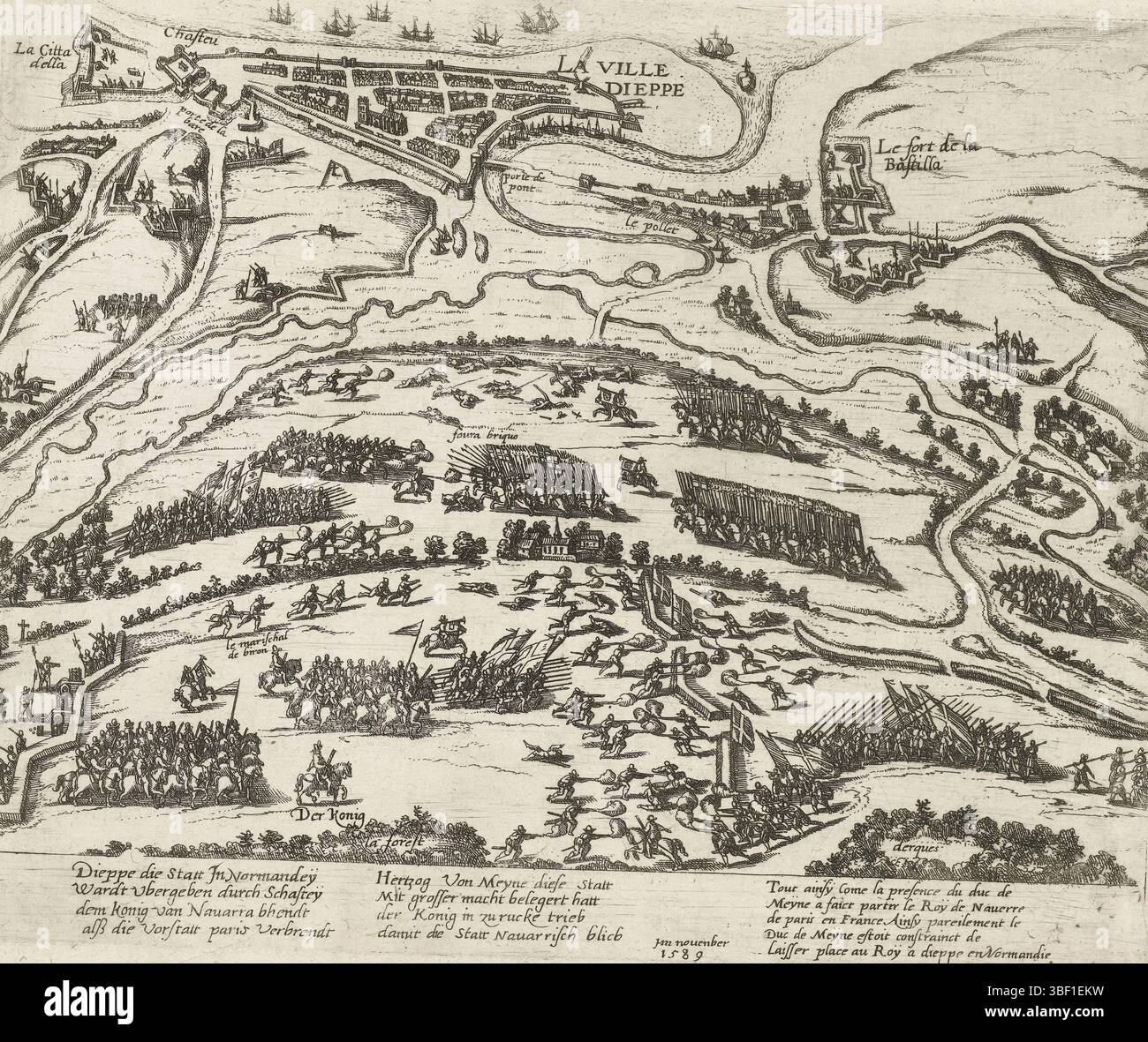 Köln, Hogenberg, Frans, Dieppe befreit von Heinrich IV., 1590. Die Schlacht im Vordergrund, in der Ferne eine Karte der Stadt Dieppe aus der Vogelperspektive. Auflage auf dem Druck vom November 1589. Mit 8 Zeilen auf Deutsch und 5 Zeilen auf Französisch. Nicht Nummeriert. Spiegelnde Kopie oder Wiederholung des Abdrucks von Hogenberg. Blatt von einem Album, das auseinandergenommen wurde. Rechts oben nummeriert (in Stift): 217., Druck, Nachrichten, Drucke, Frederik Müller Geschichtsplatten, Höhe 220 mm, Breite 270 mm, Niederländisch, Deutsch, 1540 - 1590, Druckerei, 1590 - 1592, viertes Viertel 16. Jahrhundert, Papier, Ätzen, Stockfoto