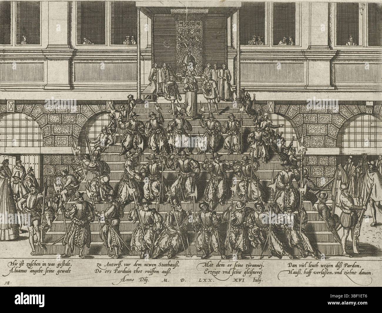 Köln, Hogenberg, Französisch, Serie 5: Niederländische Ereignisse, 1566-1570, Proklamation der General Begnadigung, 1570, 16. Juli 1570. Auf einer Stellage vor dem Rathaus von Antwerpen lässt Alva den General Pardon vorlesen. Oben steht Alva auf einem Thron, auf den Stufen unten stehen Soldaten. Mit 8-zeiliger Unterschrift auf Deutsch. Nummeriert: 18., Druck, Frederik Müller Geschichtsplatten, Höhe 210 mm, Breite 280 mm, Niederländisch, Deutsch, 1540 - 1590, Druckerei, 1570 - 1570, drittes Viertel 16. Jahrhundert, Papier, Ätzen, Ätzen Stockfoto