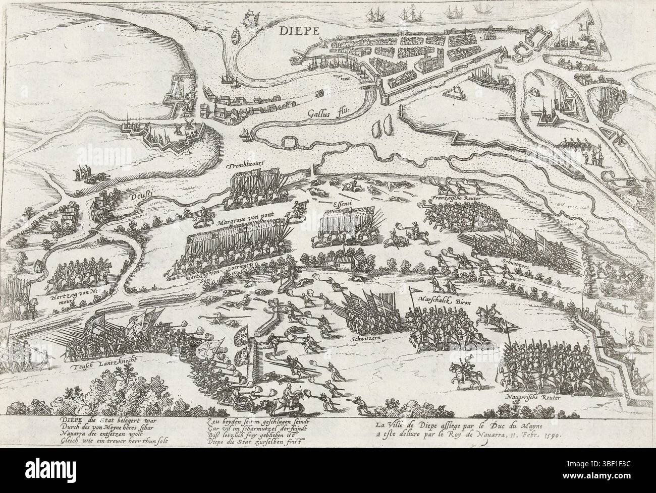 Köln, Hogenberg, Frans, Serie 4: Französische, deutsche und englische Ereignisse, 1576–1610, Dieppe befreit von Heinrich IV., 1590, Belagerung Dieppe bestürzt von Heinrich IV., 11. Februar 1590. Die Schlacht im Vordergrund, in der Ferne eine Karte der Stadt Dieppe aus der Vogelperspektive. Mit 8 Linien auf Deutsch und 2 Linien auf Französisch. Unnummeriert, Print, News, Albummagazin, Prints, Frederik Müller Geschichtsplatten, Höhe 215 mm, Breite 280 mm, Niederländisch, Deutsch, 1540 - 15900, Druckerei, 1590 - 1612, 4. Quartal 16. Jahrhundert, 1. Quartal 17. Jahrhundert, Papier, Ätzen, Ätzen Stockfoto