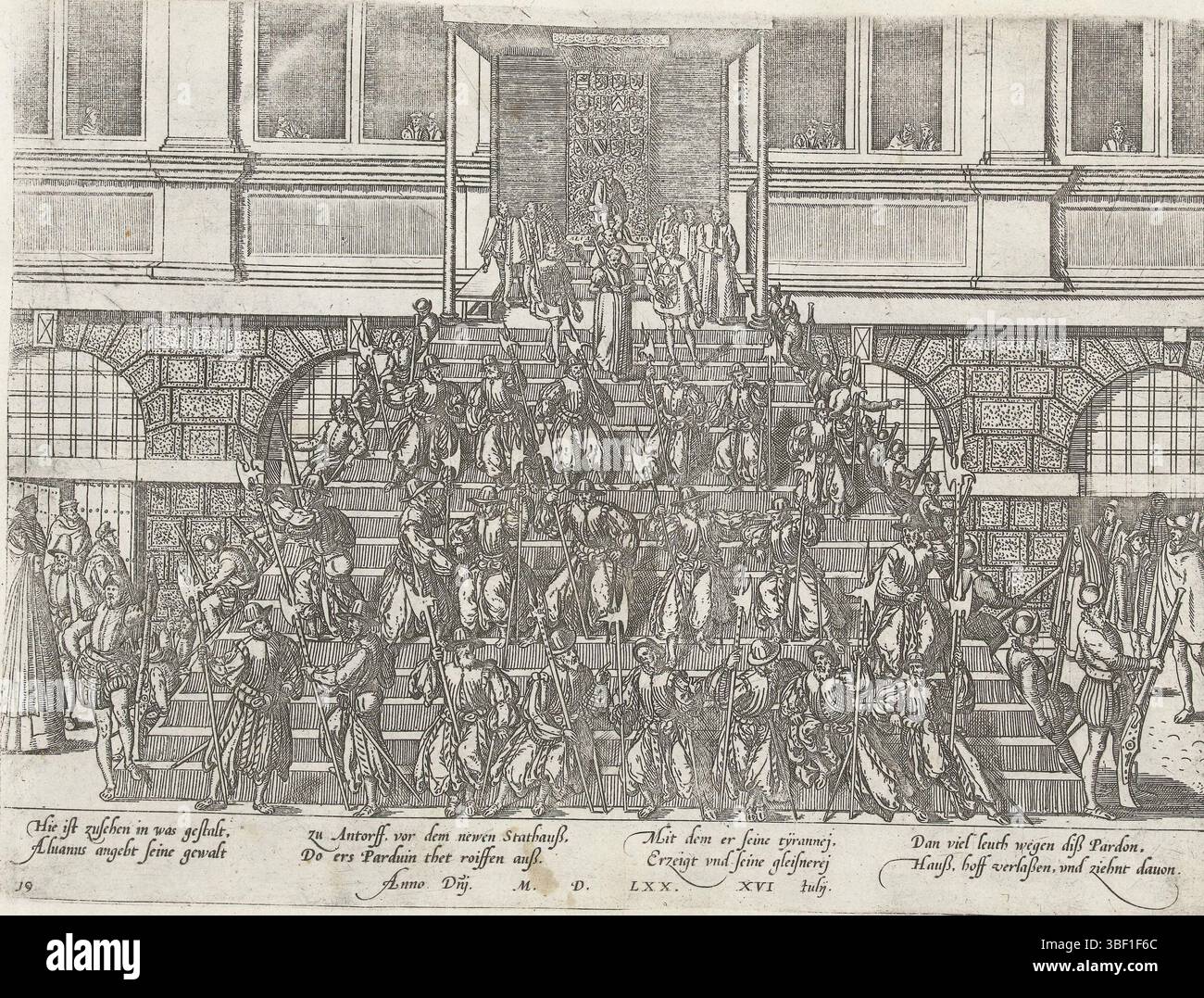 Köln, Hogenberg, Französisch, Serie 5: Niederländische Ereignisse, 1566-1570, Proklamation der General Begnadigung, 1570, 16. Juli 1570. Auf einer Stellage vor dem Rathaus von Antwerpen lässt Alva den General Pardon vorlesen. Oben steht Alva auf einem Thron, auf den Stufen unten stehen Soldaten. Mit 8-zeiliger Unterschrift auf Deutsch. Nummeriert: 19., Druck, Zeitungsdruckpapier, Albumsheet, Ausdrucke, Frederik Müller Geschichtsplatten, Höhe 210 mm, Breite 280 mm, Niederländisch, Deutsch, 1540 - 1590, Druckerei, 1570 - 1570, drittes Viertel 16. Jahrhundert, Papier, Ätzen, Ätzen Stockfoto
