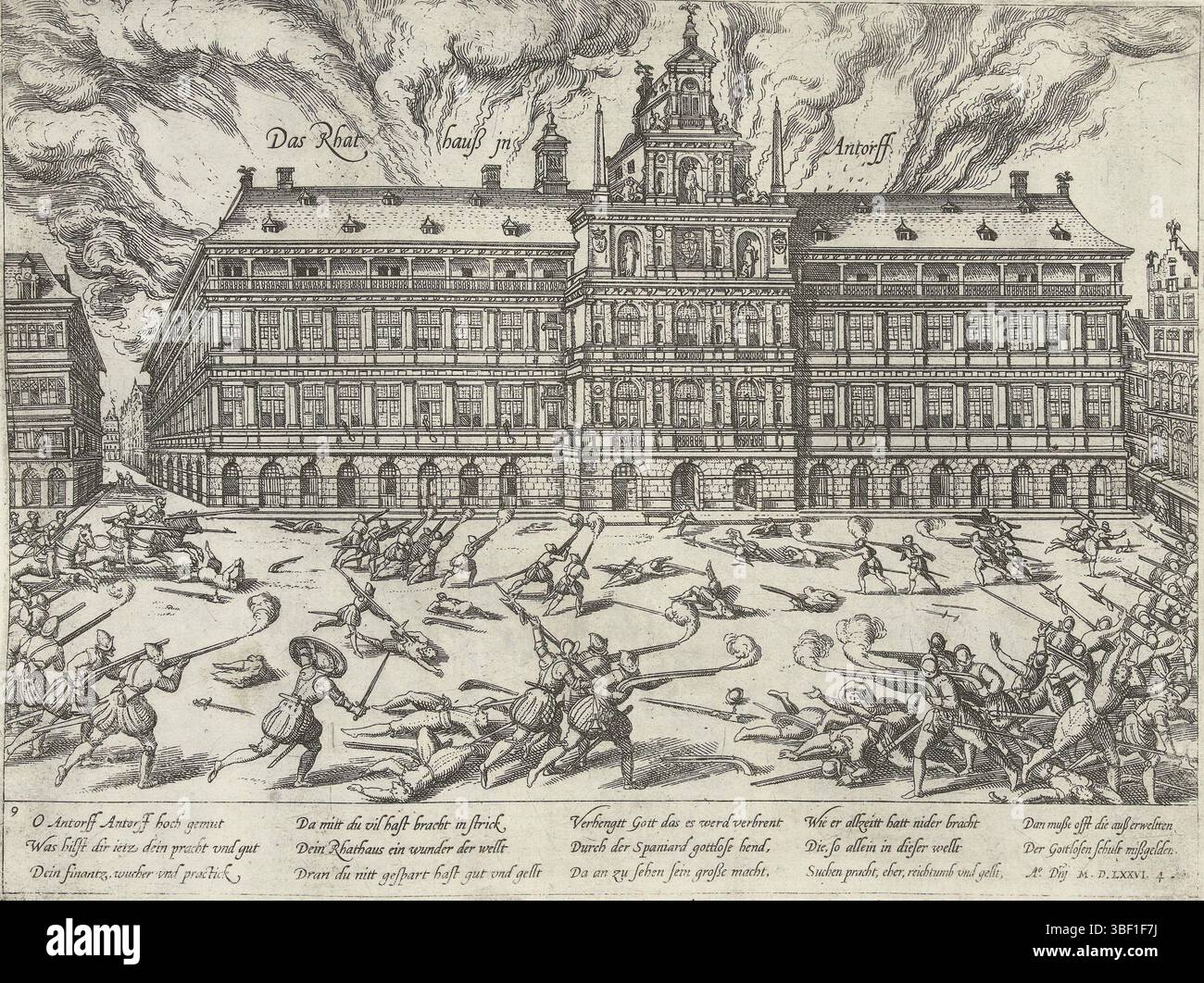 Köln, Hogenberg, Französisch, Serie 7: Dutch Events, 1576-1577, Spanish Fury: City Hall on Fire, 1576, Spanish Furie in Antwerpen, 4-7 November 1576. Das Rathaus von Antwerpen brennt. Auf dem Grand Place vor dem Rathaus kämpfte zwischen Soldaten. Mit Unterschrift von 14 Zeilen auf Deutsch. Nummeriert: 9., Druck, Zeitungsdruckpapier, Albumsheet, Ausdrucke, Frederik Müller Geschichtsplatten, Höhe 210 mm, Breite 280 mm, Niederländisch, Deutsch, 1540 - 1590, Druckerei, 1576 - 1578, viertes Viertel 16. Jahrhundert, Papier, Ätzen, Ätzen Stockfoto