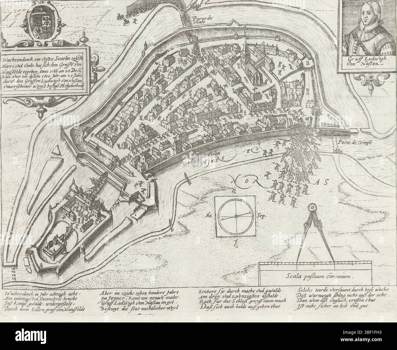 Köln, Hogenberg, Französisch, Serie 10: Niederländische und ausländische Ereignisse, 1587–1612, Ludwig von Nassau eroberte Wachtendonk, 1600, Eroberung Wachtendonks durch die Staatsarmee unter Ludwig Gunther, Graf von Nassau, 23. Januar 1600. Blick auf die ummauerte Stadt, oben rechts Wette mit Porträt von Louis von Nassau, oben links eine Kartusche mit Text. Direkt unter einem Kompass mit Skala. Mit 16 Linien auf Deutsch. Nicht nummeriert, drucken, Zeitungsdruckpapier, Albumsheet, Ausdrucke, Frederik Müller Geschichtsplatten, Höhe 210 mm, Breite 280 mm, Niederländisch, Deutsch, 1540 - 1590, Druckerei, 1600 - 1602, 1. Quartal 17. Jahrhundert, Papier, Ätzung, Gravur, Stockfoto