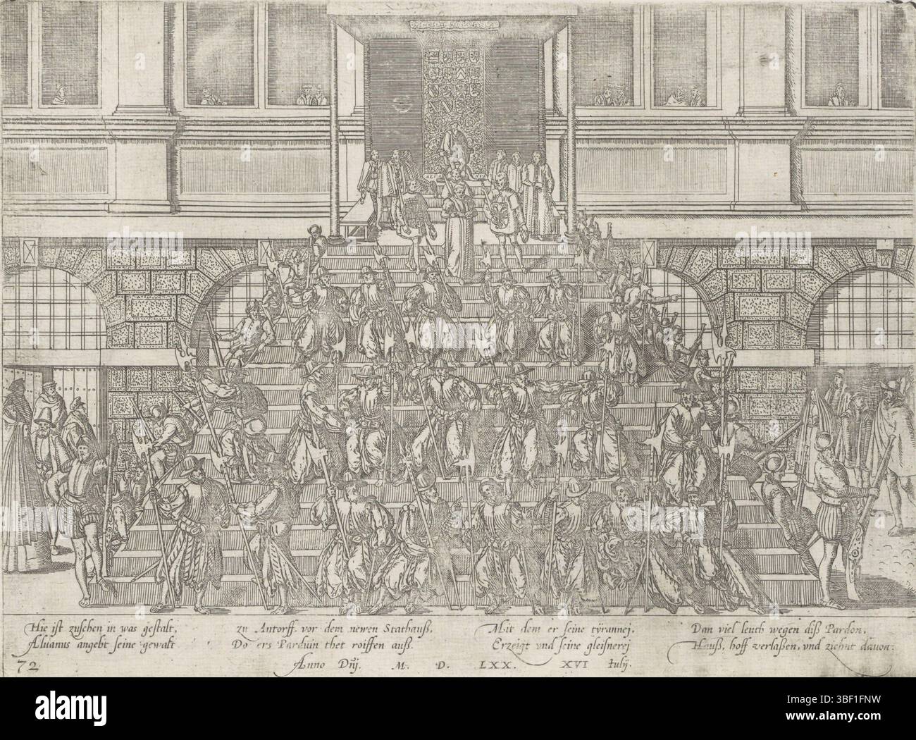 Köln, Hogenberg, Französisch, Serie 5: Niederländische Ereignisse, 1566-1570, Proklamation der General Begnadigung, 1570, 16. Juli 1570. Auf einer Stellage vor dem Rathaus von Antwerpen lässt Alva den General Pardon vorlesen. Oben steht Alva auf einem Thron, auf den Stufen unten stehen Soldaten. Mit einer Unterschrift von 8 Zeilen auf Deutsch.Linksunder nummeriert: 72. Der Druck ist Teil eines Albums., Druck, Verleih der Geschichte, Albummagazin, Abzüge, Frederik Müller historische Aufzeichnungen, Höhe 208 mm, Breite 281 mm, Niederländisch, Deutsch, 1540 - 1590, Druckmaschine, 1570 - 1572, Papier, Ätzen, Ätzen Stockfoto