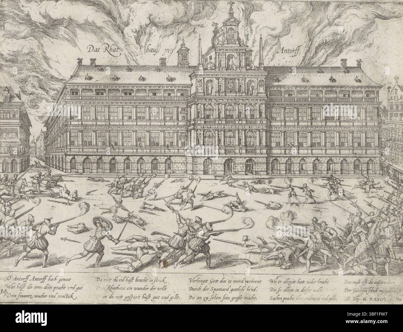 Köln, Hogenberg, Französisch, Serie 7: Dutch Events, 1576-1577, Spanish Fury: City Hall on Fire, 1576, Spanish Furie in Antwerpen, 4-7 November 1576. Das Rathaus von Antwerpen brennt. Auf dem Grand Place vor dem Rathaus kämpfte zwischen Soldaten. Mit Unterschrift von 14 Zeilen auf Deutsch. Nummeriert: 114. Der Druck ist Teil eines Albums., Druck, Verleih der Geschichte, Albummagazin, Abzüge, Frederik Müller historische Aufzeichnungen, Höhe 210 mm, Breite 281 mm, Niederländisch, Deutsch, 1540 - 1590, Druckmaschine, 1576 - 1579, Papier, Ätzen, Ätzen Stockfoto