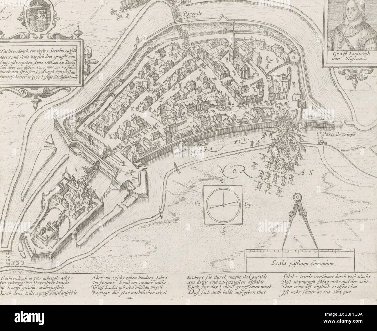 Köln, Hogenberg, Französisch, Serie 10: Niederländische und ausländische Ereignisse, 1587–1612, Ludwig von Nassau eroberte Wachtendonk, 1600, Eroberung Wachtendonks durch die Staatsarmee unter Ludwig Gunther, Graf von Nassau, 23. Januar 1600. Sehen Sie sich der ummauerten Stadt an, oben rechts eine Wette mit dem Porträt von Louis von Nassau, oben links eine Kartusche mit Text. Direkt unter einem Kompass mit Skala. Mit 16 Linien auf Deutsch. Links nummeriert: 333. Der Ausdruck ist Teil eines Albums., Druck, Zeitungsdruckpapier, Albumsheet, Ausdrucke, Frederik Müller historische Aufzeichnungen, Höhe 218 mm, Breite 275 mm, Niederländisch, Deutsch, 1540 - 1590, Druckerei, 1600 - 1602, vierter Qua Stockfoto