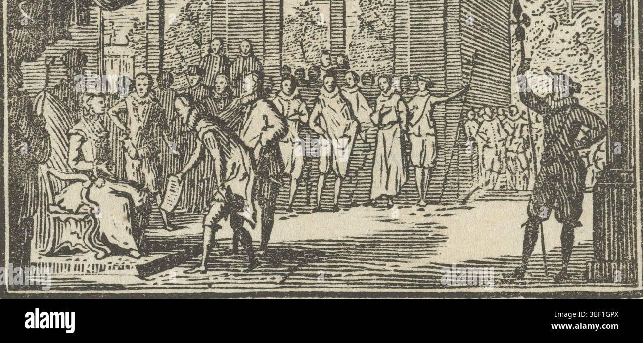Die Niederlande, die den Beginn der Herzogin von Parma, 1566, Niederlande, anbieten den Beginn durch den Bund der Adligen an die Gouverneurin, die Herzogin von Parma, im Palast in Brüssel am 5. April 1566. Hendrik van Brederode präsentiert ihr die Petition., Druck, Historiker, Drucke, Frederik Müller Geschichtsplatten, Höhe 47 mm, Breite 76 mm, Druckerei, 1750 - 1899, drittes Viertel 18. Jahrhundert, viertes Viertel 18. Jahrhundert, 19. Jahrhundert, Papier, Holzschnitt Stockfoto