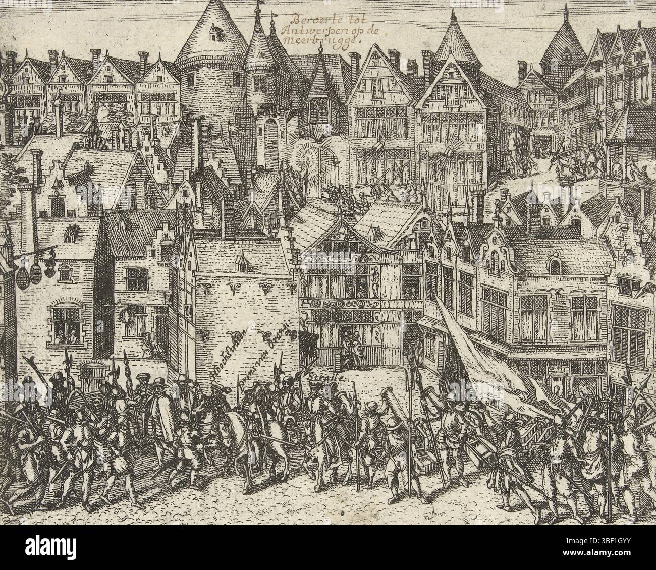 Hogenberg, Frans, Nederland, Calvinistischer Aufstand in Antwerpen, 1567, Niederlande, in der Mitte oben - Handschrift, Bürgermeister Anton van Straelen, Hoogstraten und Willem van Oranje stillen Calvinistischer Aufstand in Antwerpen, 14. März 1567. Unbedruckt auf der Rückseite., Druck, Historiker, Drucke, Frederik Müller Geschichtsplatten, Strich nach Antwerpen auf der Meerbrugge, Höhe 126 mm, Breite 157 mm, Druckmaschine, 1613 - 1615, 1. Quartal 17. Jahrhundert, Papier, Ätzen, Arbeitskonzept, Niederländisch, Deutsch, 1540 - 1590 Stockfoto