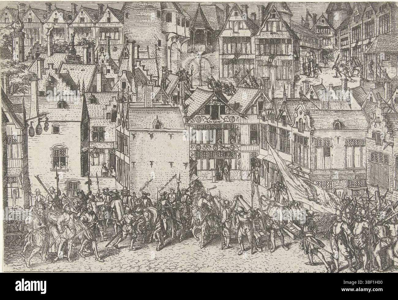 Köln, Hogenberg, Frans, Calvinistischer Aufstand in Antwerpen, 1567, Bürgermeister Anton van Straelen, Hoogstraten und Willem van Oranje ruhiger calvinistischer Aufruhr op de Meir in Antwerpen, 14. März 1567., Print, News, Prints, Frederik Müller historische Platten, Höhe 190 mm, Breite 280 mm, Niederländisch, Deutsch, 1540 - 1590, Druckerei, 1567 - 1570, drittes Viertel 16. Jahrhundert, Papier, Ätzen Stockfoto