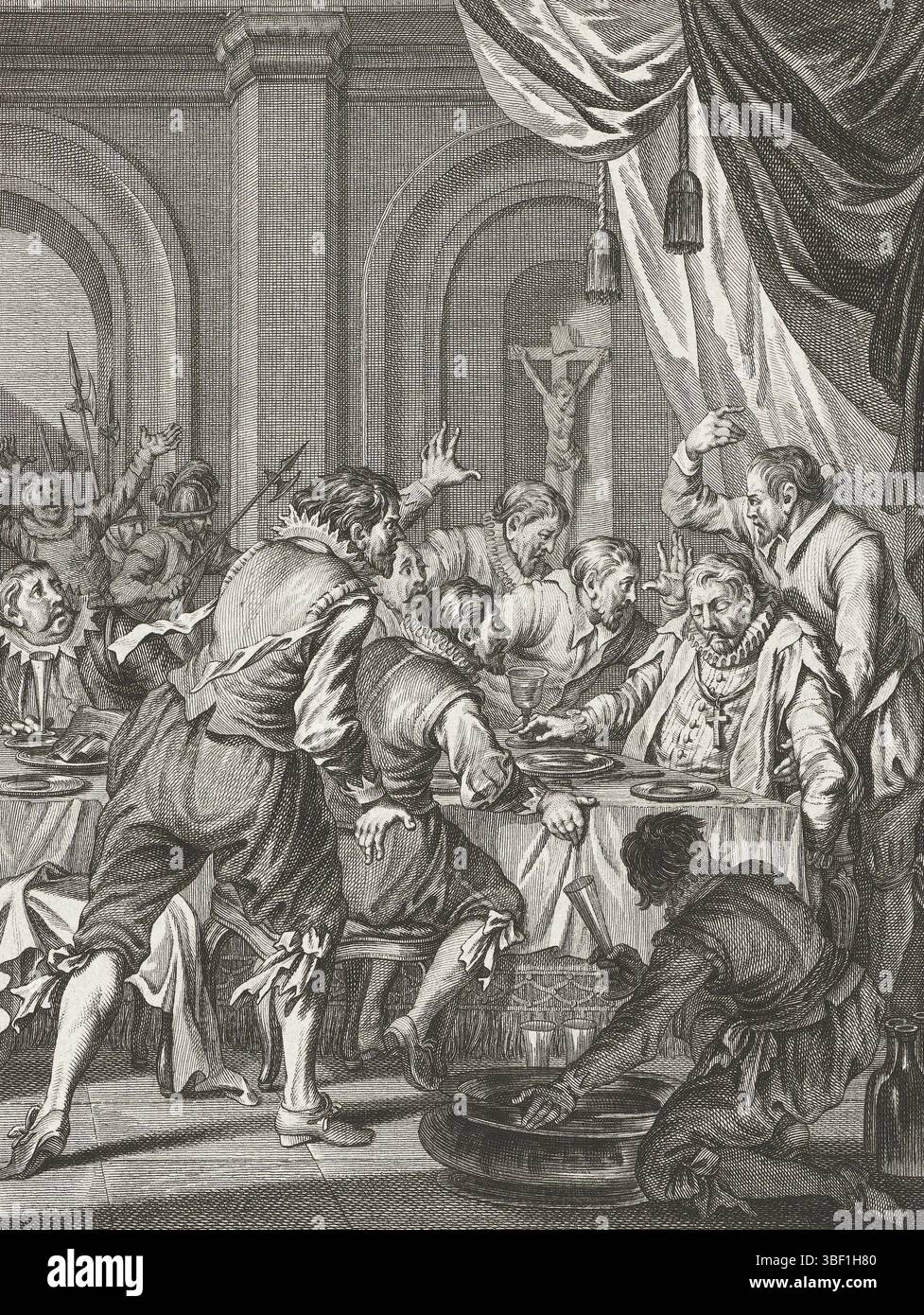 Buys, Jacobus, Buys, Noordelijke Nederlanden, Koning, Theodoor, Taferelen uit het leven van Prinz Willem I., 1568-1584, Death van den Landvoord Requestens, Ao. 1576, Death van Requestens, 1576, Nord-Niederlande, Death van Requesens. Der Gouverneur Requesens stirbt bei einem Bankett am 5. März 1576. Sechzehnte Stimme., Druck, Historiker, Drucke, Frederik Müller History Records, Höhe 185 mm, Breite 150 mm, 1748-02-03-1829-31, Printmaker, 1782 - 1782, viertes Viertel 18. Jahrhundert, Papier, Ätzen, Ätzen, Werkkonzeption, Noord-Nederlands, 19. 11. 1724. 04. 1801, nach Entwurf von Zwischendramaten Stockfoto