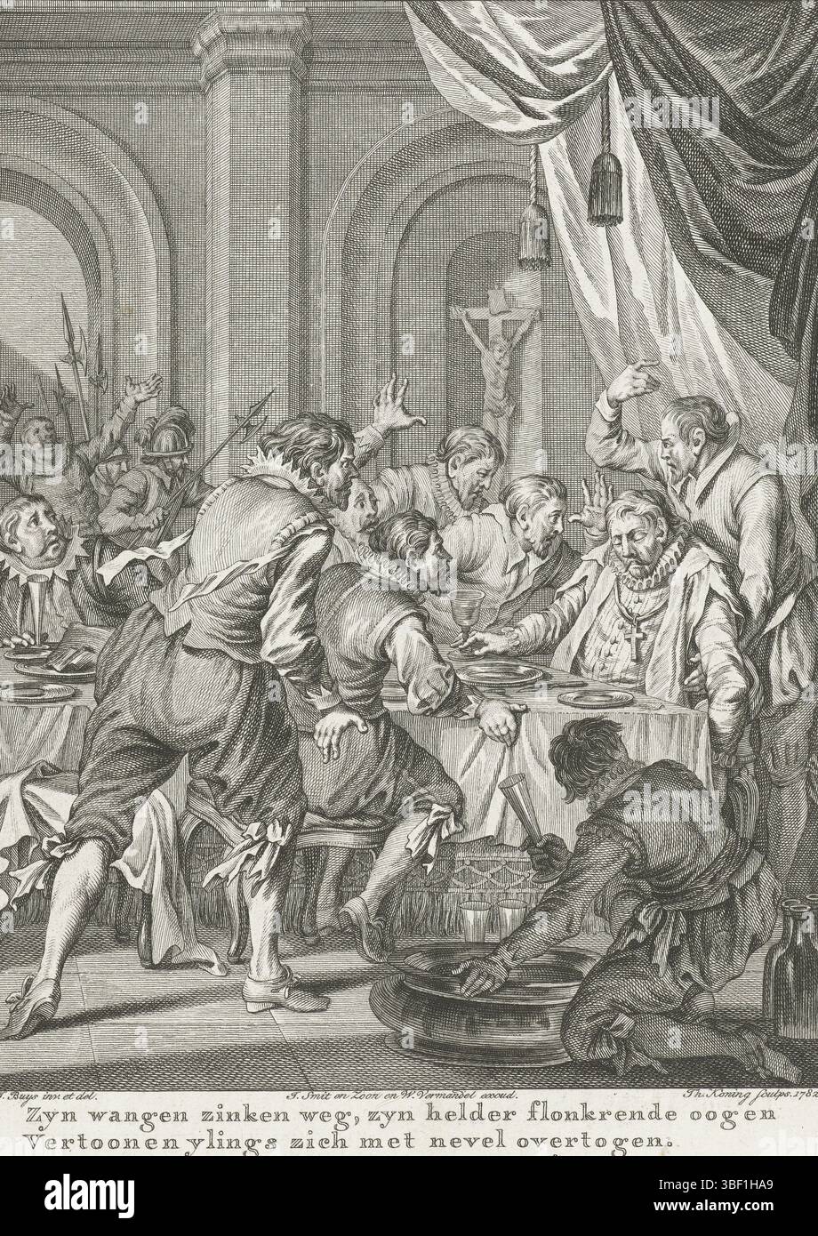 Amsterdam, Smit, Jan Willem, Amsterdam, J. Vermandel, Willem, Buys, Jacobus, Noordelijke Nederlanden, Koning, Theodoor, Taferelen uit het leven van Prinz Willem I., 1568–1584, Zyn cheekgen zinkenweg, zyn blijn bloonende ogen, Vershoon Yllings zich met Nebel overtogen, Dood van Requesens, 1576, Nordholland, Dood van Requesens. Der Gouverneur Requesens stirbt bei einem Bankett am 5. März 1576. Sechzehnte Stimme., Druck, Historiker, Drucke, Frederik Müller Geschichtsplatten, Höhe 180 mm, Breite 135 mm, 1748-02-03-1829-31, Druckmacher, 1782 - 1782, viertes Viertel 18. Jahrhundert, Papier, Ätzen, Ätzen, Stockfoto