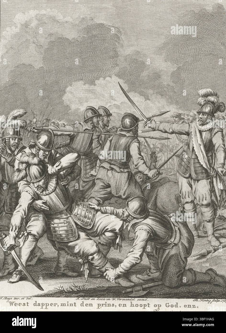 Amsterdam, Smit, Jan Willem, Amsterdam, J. Vermandel, Willem, Buys, Jacobus, Noordelijke Nederlanden, Koning, Theodoor, Taferelen uit het leven van Prinz Willem I., 1568-1584, Bet Brave, Mint den Prinz und Hoffnungen für Gott. Der Tod von Charles de Boisot, 1575, Nordholland, der Tod von Charles de Boisot auf dem Schlachtfeld während einer Schlacht mit Mondragon, 29. September 1575. 17. Lieder, Druck, Geschichtsdruck, Frederik Müller Geschichtsblätter, Höhe 180 mm, Breite 135 mm, 1748-02-31-1829, Printmaker, 1785 - 1785, viertes Viertel 18. Jahrhundert, Papier, Ätzen, Ätzen, Werk Concep Stockfoto