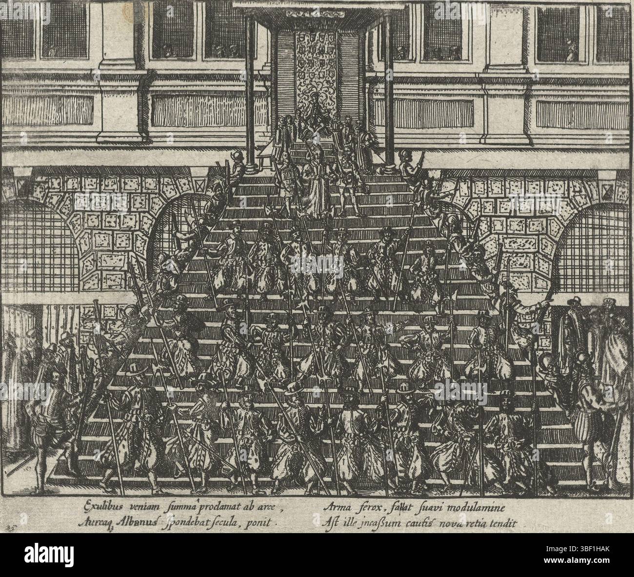 Deutschland, Hogenberg, Frans, Nordholland, Proclamation of the General Begnadigung, 1570, Deutschland, 16. Juli 1570. Auf einer Stellage vor dem Rathaus von Antwerpen lässt Alva den General Pardon vorlesen. Oben steht Alva auf einem Thron, auf den Stufen unten stehen Soldaten. Mit 4 lateinischen Zeilen. Nummeriert: 25. Rückseitig bedruckt mit lateinischem Text., Druck, Historiker, Drucke, Frederik Müller historische Platten, Höhe 135 mm, Breite 160 mm, Druckerei, 1613 - 1615, 1. Quartal 17. Jahrhundert, Papier, Ätzen, Arbeitskonzept, Niederländisch, Deutsch, 1540 - 1590 Stockfoto