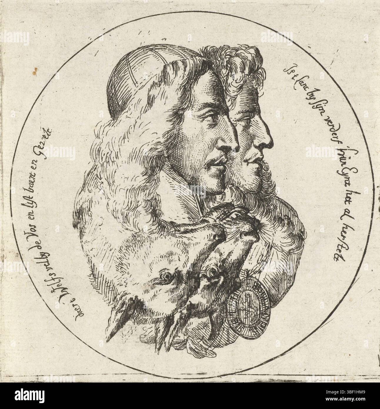Nordholland, Hooghe, Romeyn de, Doppelköpfe von Prinz Willem III. Und seinen Gegnern im Jahr 1672, Porträts der Brüder de Witt als Fuchs und Wolf, Nordholland, Recto - geschrieben, Spotprent mit einem kreisförmigen Porträt mit den Brüdern Johan und Cornelis de Witt. Umgekehrt zeigt der Druck die Köpfe eines Fuchs und eines Wolfs. Fünfter Druck in einer Serie von sechs Porträts von Willem III. Und seinen Gegnern im Jahr 1672. Um die Porträts ein zweizeiliger Vers., Druck, Frederik Müller Geschichtsplatten, ist Lant bij sijn verderf ihre Eynt het al het al resteurt/ daer иt Wolfsvel bij Stockfoto