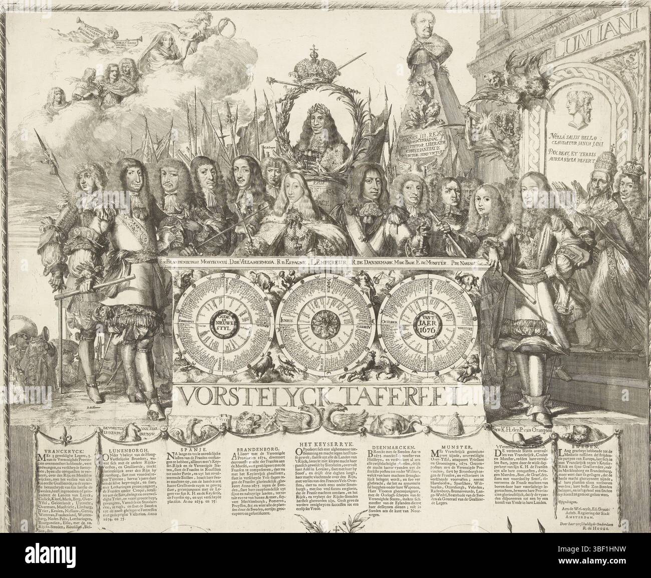 Nord-Niederlande, Hooghe, Romeyn de, Vorstelyck Tafereel, Königliche Szene (obere Hälfte), 1676, Nord-Niederlande, obere Hälfte der Zeitschrift Royal Scene. Almanak für das Jahr 1676 in drei Kreisen mit Sternbildern, die über ihnen in einer Reihe die kriegerischen Fürsten und Kommandeure jener Zeit stehen. Diese sind von links nach rechts: Die Herzöge von Braunschweig-Lüneburg, der Kurfürst von Brandenburg, General Montecucculi, Villa-Hermosa, der spanische König Karl II., der dänische König Christiaan V., Markgraf Leopold Wilhelm von Baden, Bischof von Münster, der Statthalter von Friesland, Prinz Willem III., Papst Clemens X. A. Stockfoto
