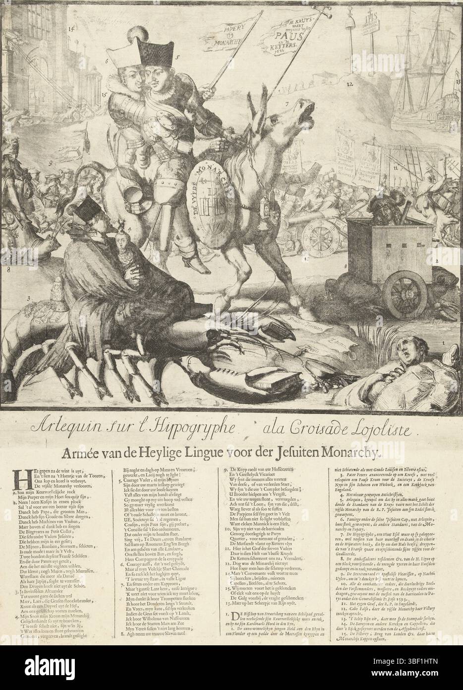 Nordholland, Hooghe, Romeyn de, Spot Prints über Jakob II. Und Ludwig XIV. Und die Ereignisse in den Jahren 1688–1689, Armée van de Heylige Lingue voor der Jesuiten Monarchie, Arlequin sur l Hippogrypghe Ala Croisade Lojoliste, Spotprent über die gemeinsame Schlacht von Ludwig XIV. Und Jakob II., 1689, Nordniederländische Spotprent über die gemeinsame Schlacht von Ludwig XIV. Und Jakob II. Und Jakob II. 1689. Ludwig XIV. (Harlequin) und Jakob II. (Pamirge) saßen unter einem Hut auf einem Esel, um gegen die Protestanten zu kämpfen. Im Vordergrund ließ Pater Peters (Edward Petre) mit dem Kind auf einem Hummer den Töphin in einer Kiste auf t Stockfoto Nordholland, Hooghe, Romeyn de, Spot Prints über Jakob II. Und Ludwig XIV. Und die Ereignisse in den Jahren 1688–1689, Armée van de Heylige Lingue voor der Jesuiten Monarchie, Arlequin sur l Hippogrypghe Ala Croisade Lojoliste, Spotprent über die gemeinsame Schlacht von Ludwig XIV. Und Jakob II., 1689, Nordniederländische Spotprent über die gemeinsame Schlacht von Ludwig XIV. Und Jakob II. Und Jakob II. 1689. Ludwig XIV. (Harlequin) und Jakob II. (Pamirge) saßen unter einem Hut auf einem Esel, um gegen die Protestanten zu kämpfen. Im Vordergrund ließ Pater Peters (Edward Petre) mit dem Kind auf einem Hummer den Töphin in einer Kiste auf t Stockfoto