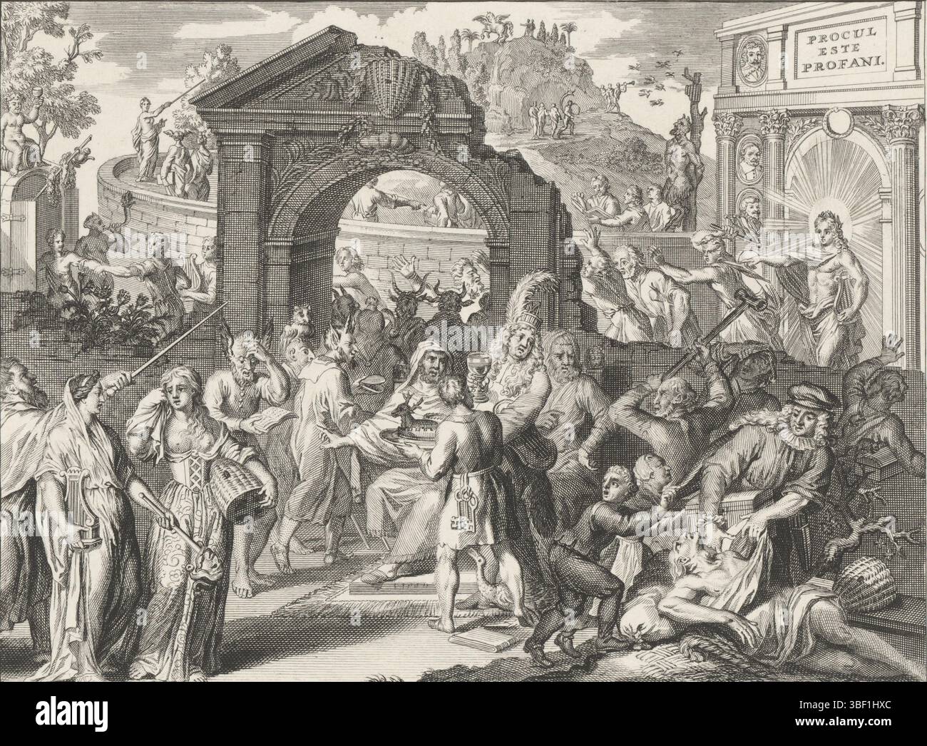 Hooghe, Romeyn de, Amsterdam, Picart, Bernard, Spotprent op de Schouwburgruimt, ca. 1685, verso - gestempelt, Spotprent über die Misswirtschaft von J. Pluimer und G. Bidloo, die von 1679 bis 1681 Regenten waren, und von 1681 bis 1687 Pächtern der Schouwburg. Im Vordergrund wird die Personifikation des Amsterdamer Theaters ihrer Kleidung beraubt (von G. Bidloo oder Pieter de la Croix?). Das Publikum mit Eselohren geht durch den verfallenen Bogen zum Theater, wird aber von Apollo, im Hintergrund Parnassos, vertrieben. Auf der linken Seite ist die Jungfrau von Amsterdam und eine trauernde Personifikation der Stockfoto