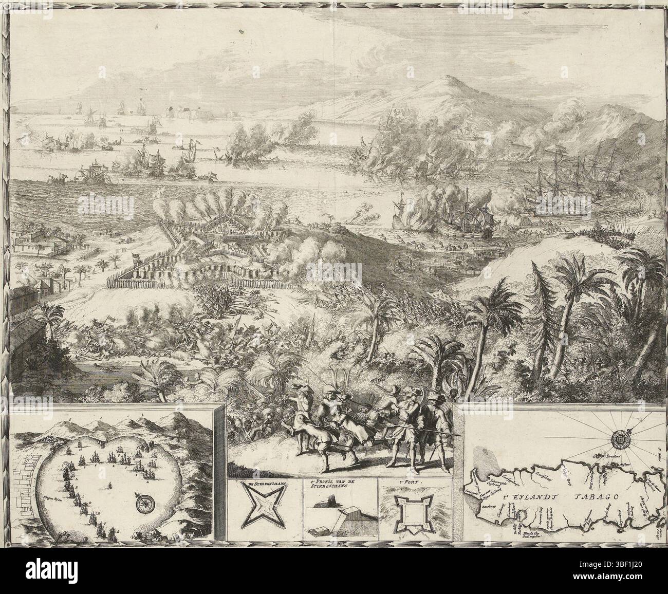 Hooghe, Romeyn de, Nordholland, Hooghe, Bild des heißen Rescontre im Wasser und in Lant auf dem Eylandt Tabago, Tusschen den Franschen Admirael d'Estrée und Lord Commander Binckes; in den Maenden von Februar und Maert 1677 stehen auf der Insel Tobago Kämpfe zwischen Niederländern und Franzosen, 1677 auf der Insel Tobago mit den Kämpfen zwischen Niederländern und Franzosen an Land bei den Sterreschans und zwischen den Schiffen in der Bucht vor der Küste am 3. März 1677. Unten kleine Szenen mit einem Gesicht auf der Bucht, einige Karten von Festungen und eine Karte der gesamten Insel. Der Ausdruck enthält einen losen Textil Stockfoto