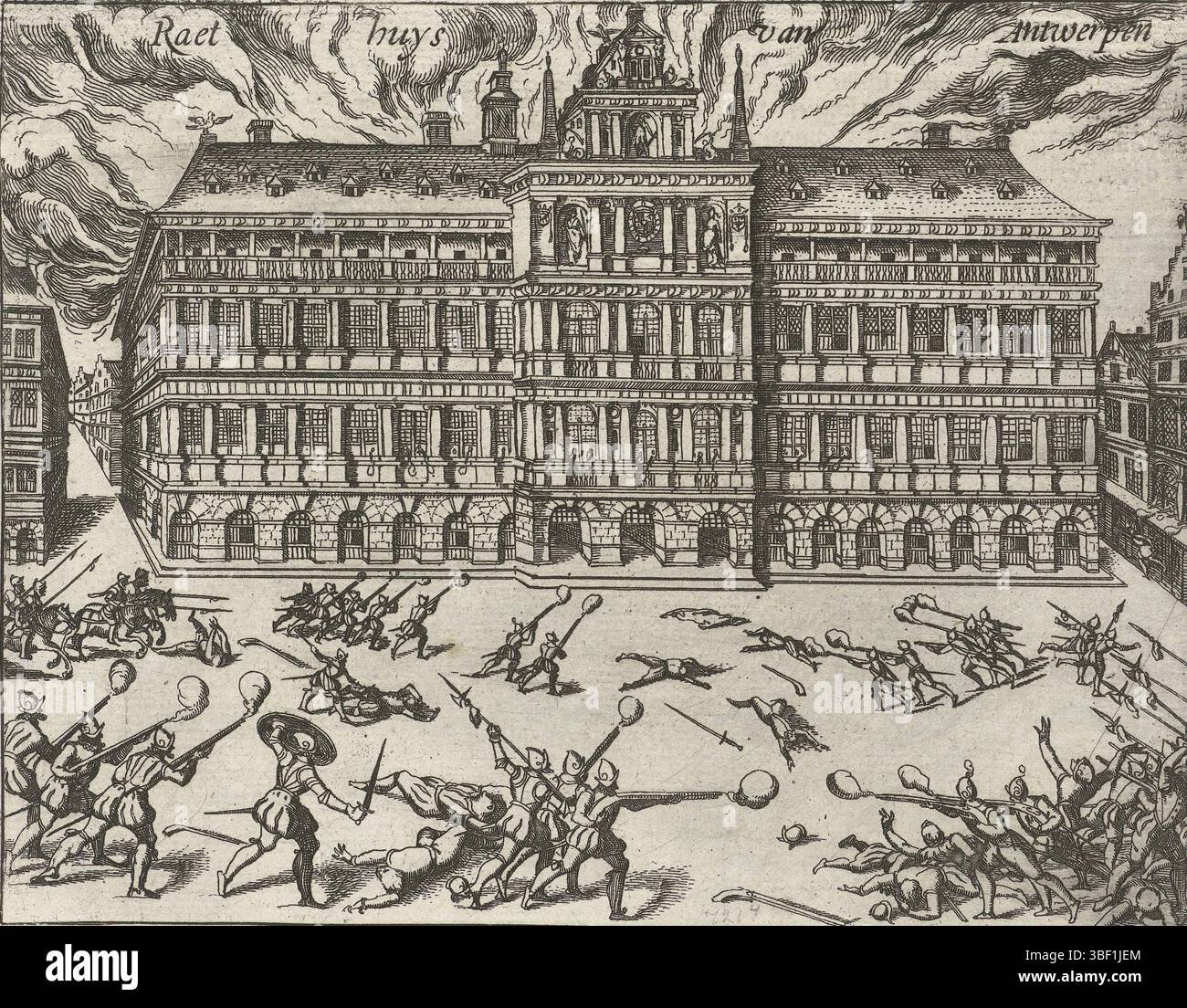 Hogenberg, Französisch, Niederlande, Spanish Furie: City Hall on Fire, 1576, Spanish Furie in Antwerpen, 4-7. November 1576. Das Rathaus von Antwerpen brennt. Auf dem Grand Place vor dem Rathaus kämpfte zwischen Soldaten. Marge mit Bildunterschrift und Zahl abgeschnitten. Auf der Rückseite gedruckt mit Text in Niederländisch und Fragment der Performance mit der Beschießung der Stadt., Druck, Historiker, Drucke, Frederik Müller Geschichtsplatten, Höhe 125 mm, Breite 160 mm, Druckerei, 1613 - 1615, 1. Quartal 17. Jahrhundert, Papier, Ätzen, Werkkonzeption, Niederländisch, Deutsch, 1540 - 1590 Stockfoto