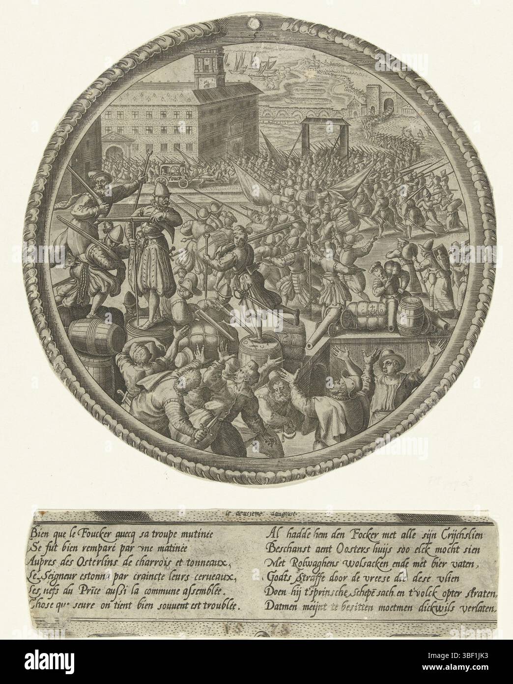 Vos, Maerten de, Nederland, Wierix, Medaillons mit der Eroberung der Zitadelle von Antwerpen im Jahre 1577, Panik unter den deutschen Soldaten durch die Ankunft einiger Schiffe des Prinzen von Orange, 1577, Niederlande, 2. August 1577. Soldaten mit ihren Stiefeln auf der Straße vor dem Orientalischen Haus. Nur zwei Fragmente des Drucks sind vorhanden: Die Aufführung in einem runden Medaillon und die Kartusche mit 2 Versen zu je 6 Zeilen in französischer und niederländischer Sprache. Druck, Propagandabild, Drucke, Frederik Müller Geschichtsplatten, Durchmesser, 175 mm, Höhe 47 mm, Breite 175 mm, Printmaker, 1578 - 1578, 4. Quartal 16. Jh. Stockfoto