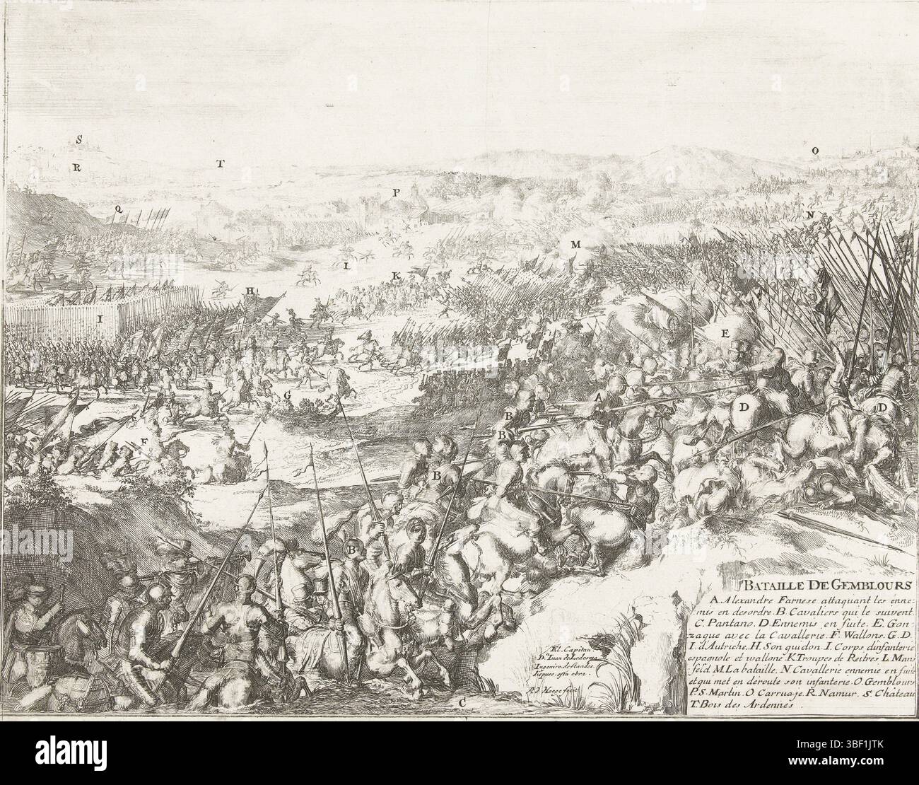 Ledesma, Don Juan de, Nordholland, Hooghe, Romeyn de, Bataille de Gemblours, Schlacht von Gemblours, 1578, Schlacht von Gemblours, 31. Januar 1578. Schlacht, in der die Staatsarmee von der Farnesischen Armee besiegt wird. In der Ferne verließ die Stadt Namur. Im Vordergrund fahren die Fahrer durch ein Wasser zum Schlachtfeld. Unten rechts eine Kartusche mit dem Titel und der Legende A-T auf Französisch. Druck, Geschichte, Drucke, Frederik Müller Historyplates, Höhe 275 mm, Breite 351 mm, Nordholländisch, 1645-09-10-1708-06-15, Drucker, 1670 - 1699, 3. Quartal 17. Jahrhundert, 4. Quartal 17. Jahrhundert, PAP Stockfoto