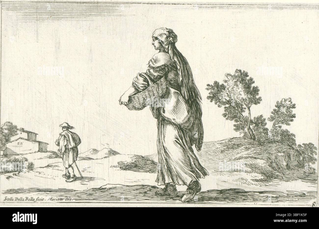 Frankreich, französische Krone, Paris, Mariette, Pierre (I), Frankreich, Bella, Stefano della, zwölf Landschaften, Boerin mit Korb, verso - gestempelt, Eine Landschaft mit einem Bauern mit einem Korb unter dem Arm. Wie ein Landwirt. Die Zahlen von hinten gesehen, bedruckt, Höhe 87 mm, Breite 135 mm, Italienisch, 18.05.1610, 27.07.1664, Druckerei, 1620.1664, Papier, Ätzen, Publikation (Veranstaltung), Publikation, Französisch, 1596 - 1657, Verlag, Provider der Berechtigung Stockfoto