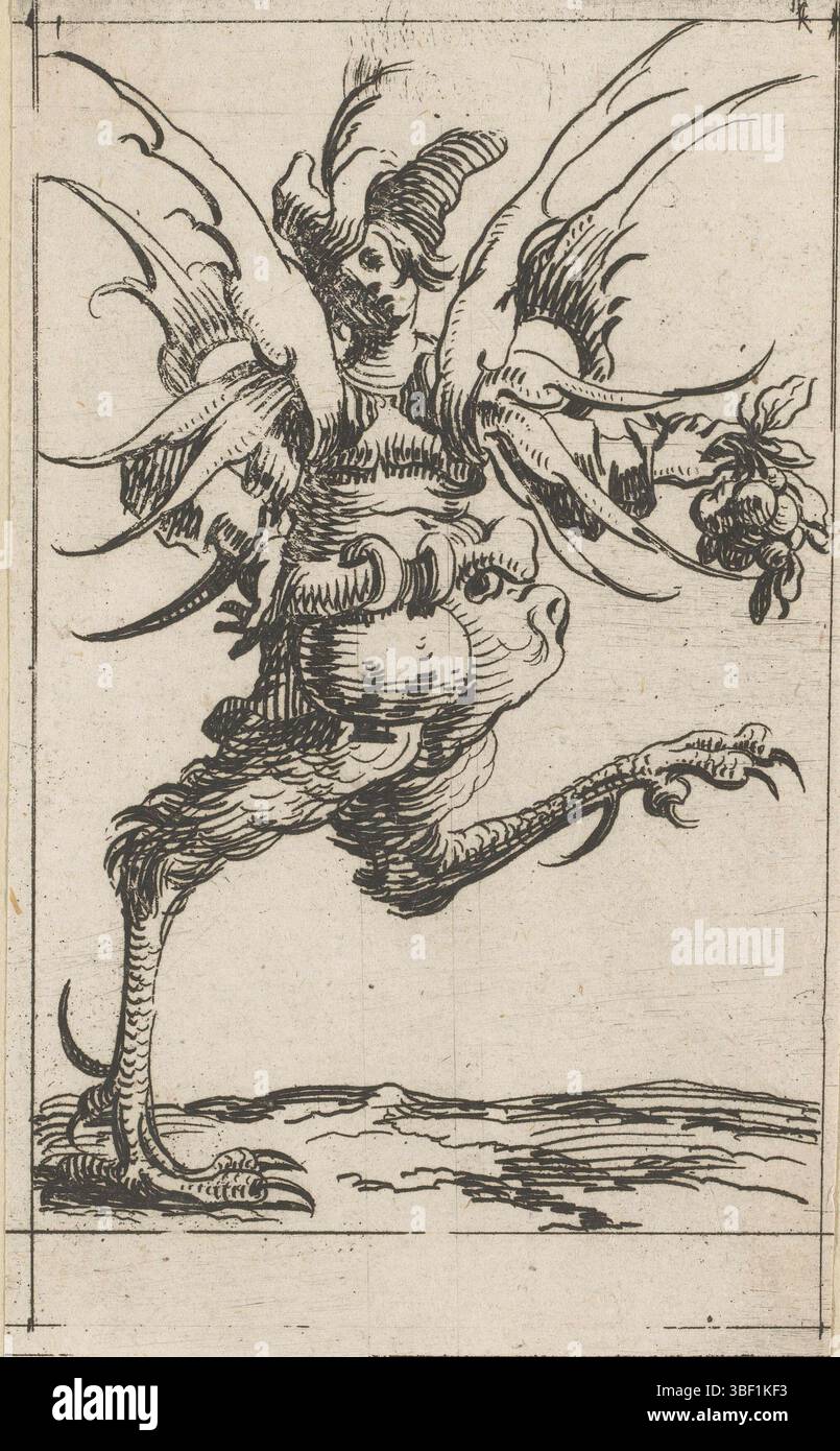 Paris, Boutemie, Denis, 12 Monate, Oktober, Paris, Personifikation des Monats Oktober. Eine groteske Figur mit Flügeln und Vogelbeinen. Er trägt einen Hut auf dem Kopf, eine Schweinemaske auf dem Bauch und Frucht in der Hand, Druck, Ornamentdrucke, Drucke, Höhe 115 mm, Breite 66 mm, Drucker, 1633 - 1643, Papier, Ätzen, Publikation (Ereignis), Publikation, Herausgeber Stockfoto