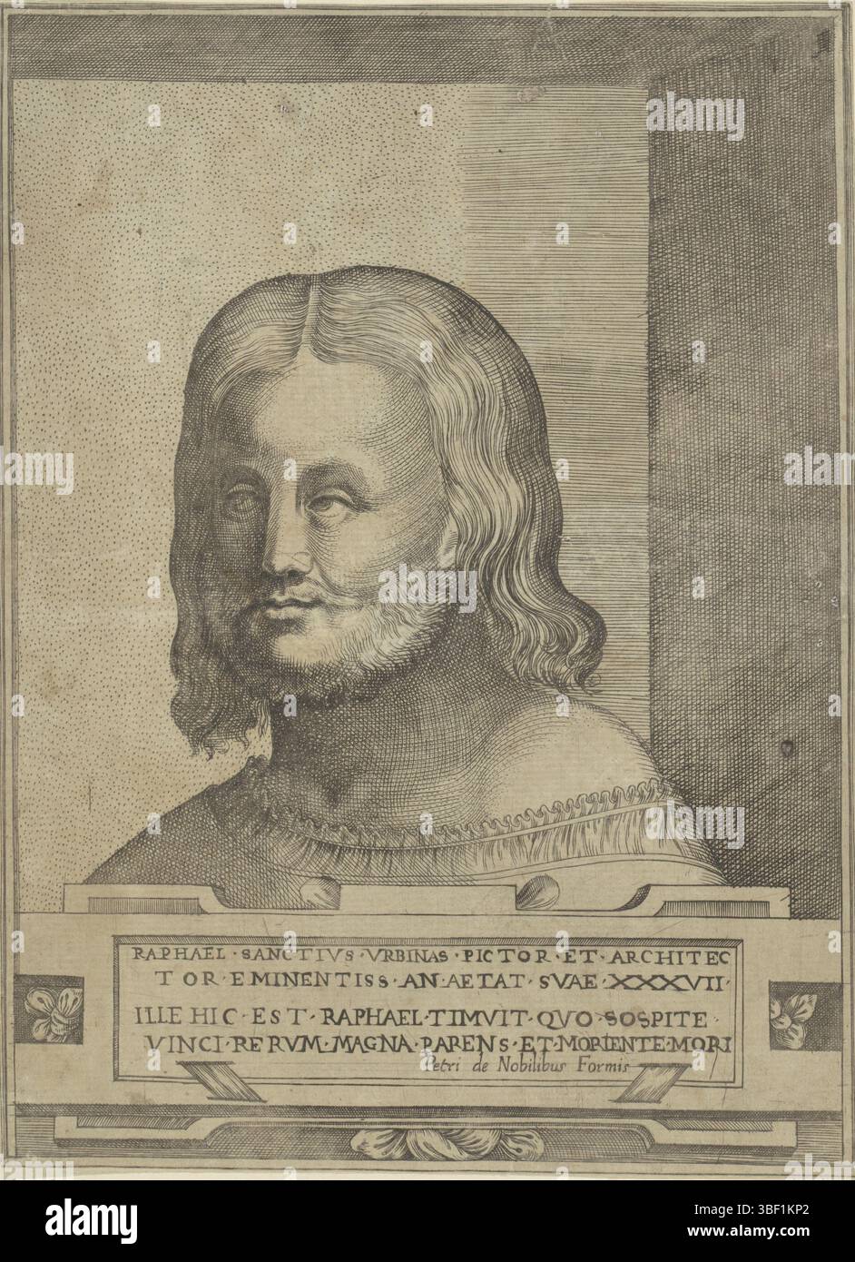 Rom, Nobili, Pietro de', Italien, Raphael, Bonasone, Giulio, Porträt des Künstlers Rafael, Rom, verso - gestempelt, gedruckt, gedruckt, Höhe 236 mm, Breite 175 mm, Arbeitskonzept, Italienisch, 1510 - 1576, nach dem Druck von 1584 - 1585 Papier, Ätzen, Druckmaschine, 07.04.2007 - 1520 07.04.1483, nach Entwurf von, Publikation (Event), Publikation, Verlag Stockfoto