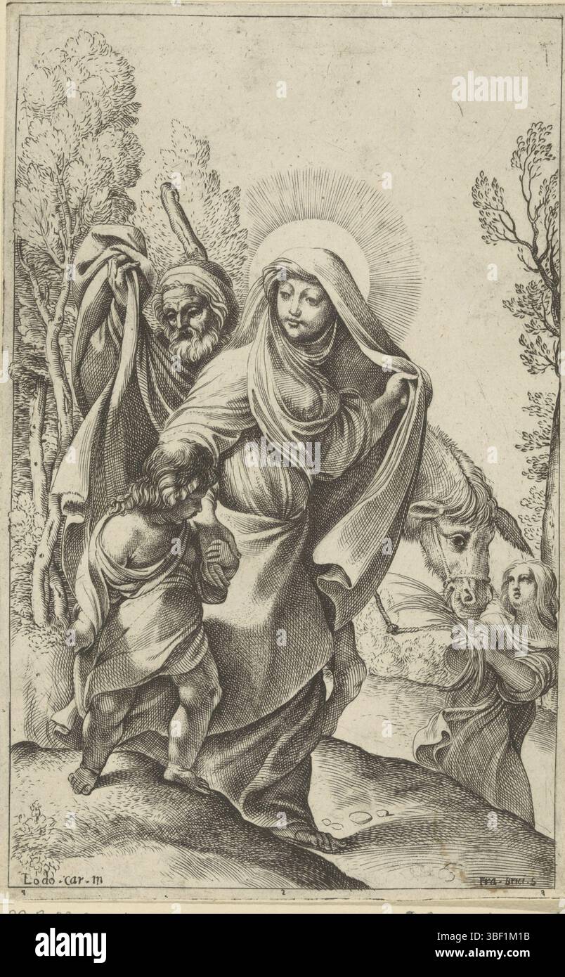 Italien, Carracci, Ludovico, Italien, Brizio, Francesco, Heilige Familie auf dem Rückweg aus Ägypten, verso - gestempelt, Joseph, Maria und das Christkind sind zusammen mit einer Dienstmädchen und einem Esel auf dem Rückweg aus Ägypten., Druck, Höhe 217 mm, Breite 139 mm, Italienisch, 1574 - 1623, Druckmaschine, 1584 - 1623, Papier, Ätzen, Gravur, Gravur (Druckverfahren), Arbeitskonzept, 1555 - 11.11.13 1619 Stockfoto