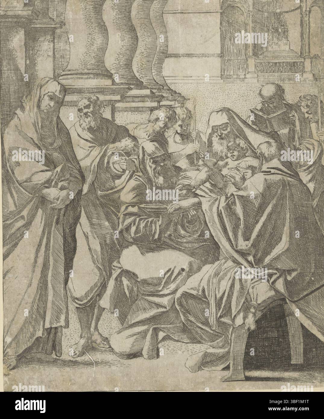 Italien, Carracci, Ludovico, Italien, Brizio, Francesco, Beschneidung Christi, verso-gestempelt, Ein Mann hält das Christuskind, während der Priester die Beschneidung mit einem Messer durchführt. Ein Mann kniet mit einer Schüssel. Auf der linken Seite sind Joseph und Maria. Die Veranstaltung findet im Inneren einer Kirche statt., Druck, Höhe 238 mm, Breite 198 mm, Italienisch, 1574 - 1623, Druckmaschine, 1584 - 1623, Papier, Ätzen, Arbeitskonzept, 1555 - 13. 11. 1619 Stockfoto