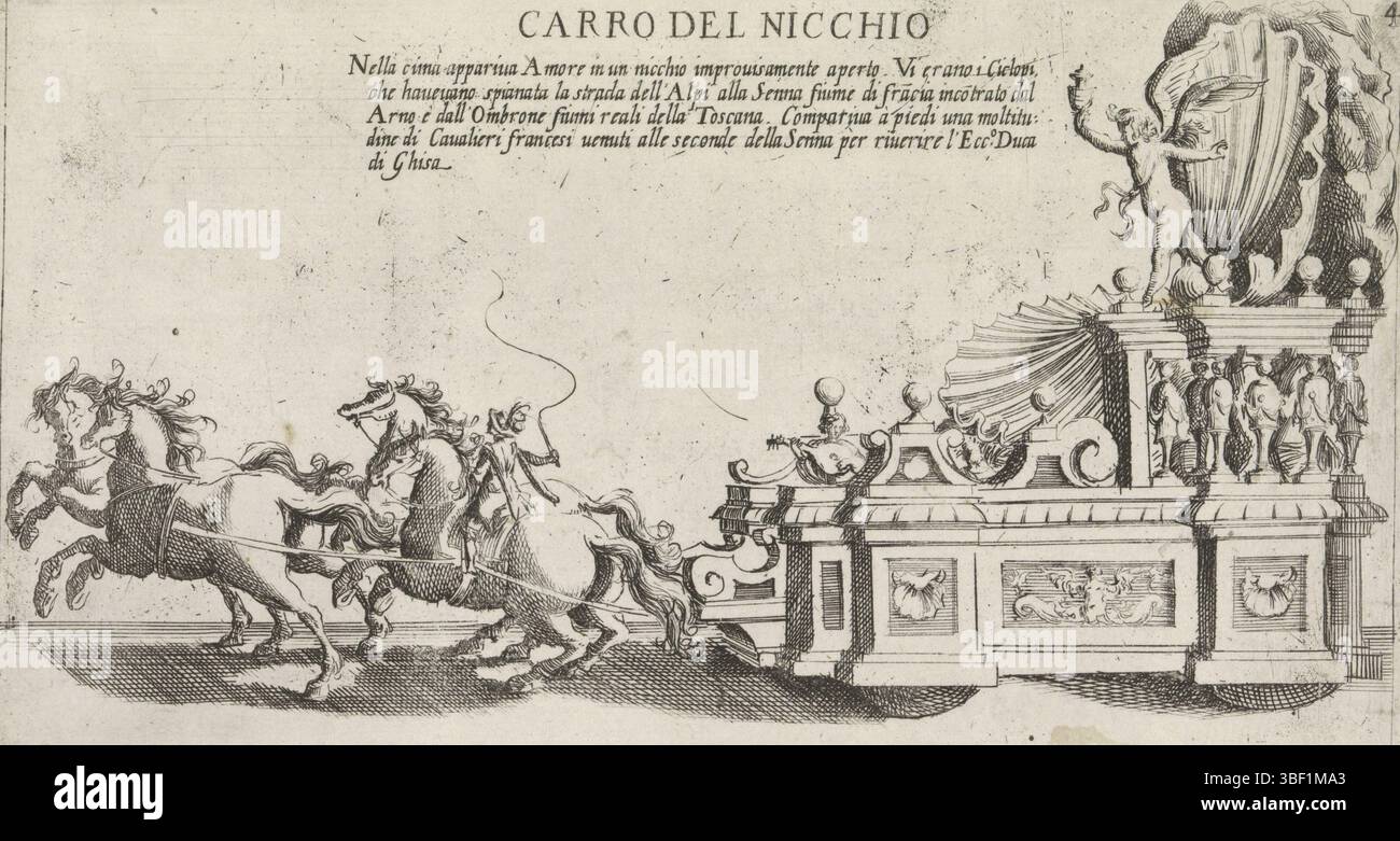 Italien, Capitelli, Bernardino, Triumph Autos für ein Festival in Siena im Jahr 1632, Carro del Nicchio, Triumph Auto des sienesischen Viertels Nicchio, Italien, verso - gestempelt, der Triumph Wagen des sienesischen Viertels Nicchio, der von vier Pferden gezogen wird. Auf dem Wagen befinden sich eine große Schale und eine geflügelte Figur., Druck, Höhe 118 mm, Breite 218 mm, Italienisch, 1590 - 1640-05-23, Druckmaschine, 1632 - 1640, Papier, Ätzen, Ätzen Stockfoto