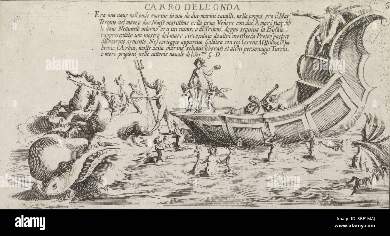 Italien, Capitelli, Bernardino, Triumph Cars für ein Festival in Siena im Jahr 1632, Carro dell'Onda, Triumph Auto des sienesischen Viertels Onda, Italien, verso - gestempelt, der Triumph Auto des sienesischen Viertels Onda auf dem Wasser. Im Wasser sind Hippocampus, mehr Menschen und ein Delfin. Oben auf dem Auto befinden sich mythologische Figuren., Druck, Höhe 116 mm, Breite 217 mm, Italienisch, 1590 - 1640-05-23, Druckmaschine, 1632 - 1640, Papier, Ätzen, Ätzen Stockfoto