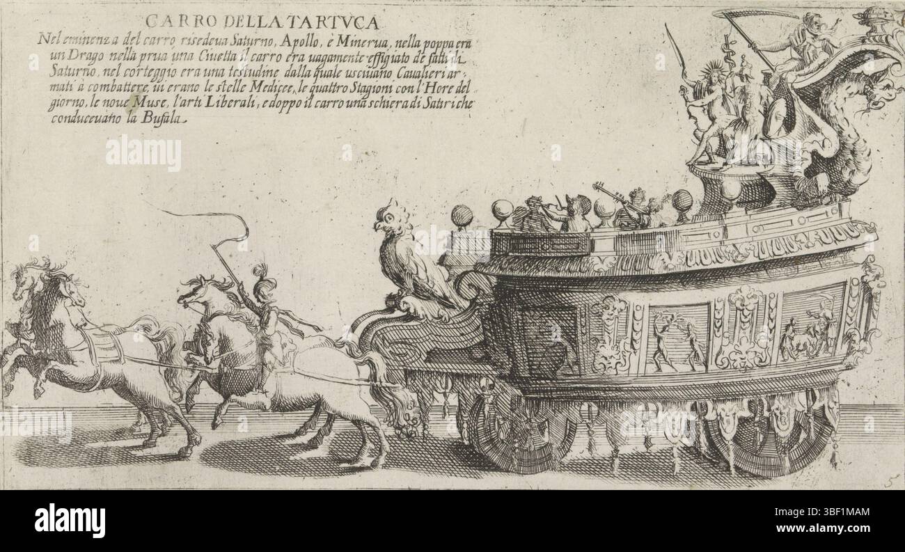Italien, Capitelli, Bernardino, Triumph Cars für ein Festival in Siena im Jahr 1632, Carro dell'Oca, Triumph Car des sienesischen Bezirks Tartuca, Italien, Recto rechts unten - handgeschrieben in brauner Tinte, das Triumph Car des sienesischen Bezirks Tartuca, das von vier Pferden gezogen wird. Oben auf dem Auto befinden sich ein großer Vogel, musikalische Figuren und mythologische Figuren., Druck, rückseitig - gestempelt, 5, Höhe 118 mm, Breite 216 mm, Italienisch, 1590 - 1640-05-23, Druckmaschine, 1632 - 1640, Papier, Ätzen, Ätzen Stockfoto